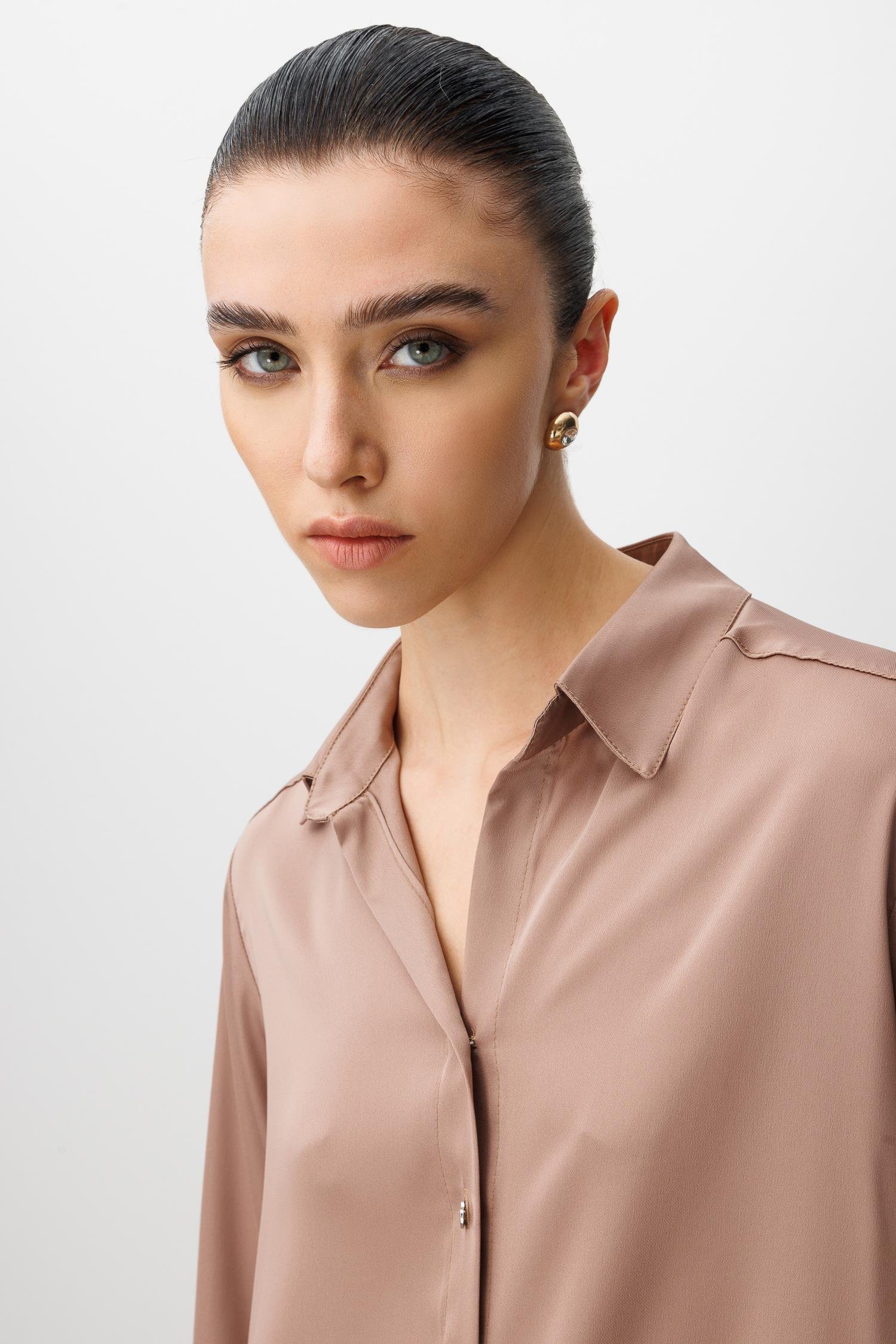 Modailgi  Salaş Kalıp Saten Gömlek Camel