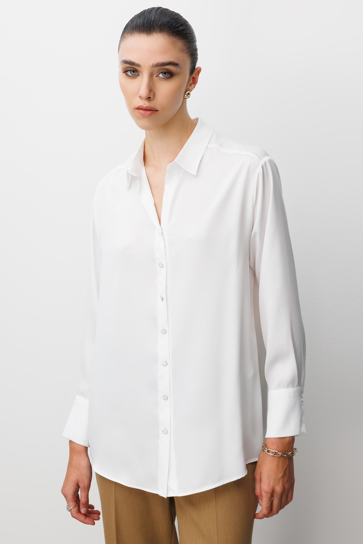 Modailgi  Salaş Kalıp Saten Gömlek Ekru