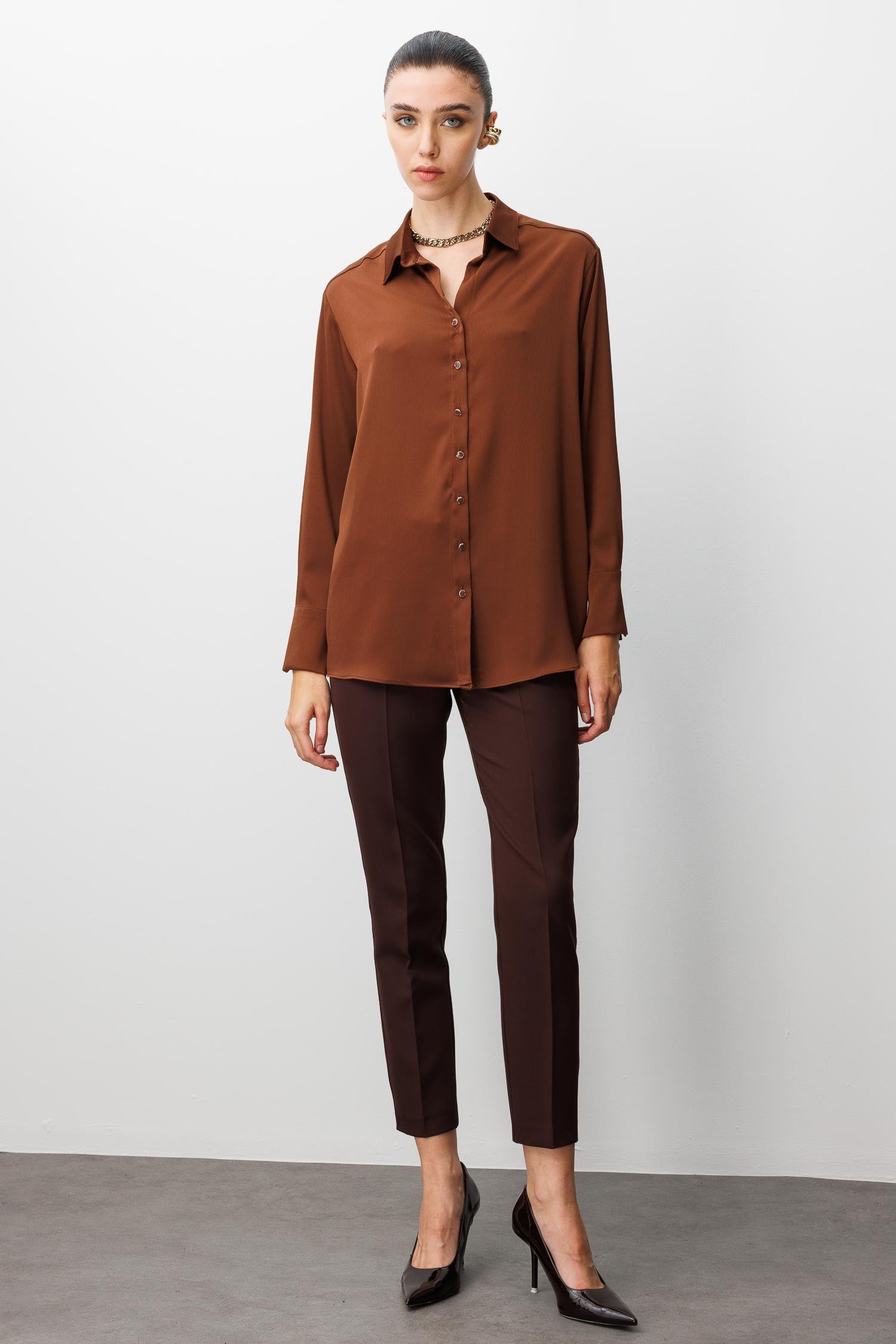 Modailgi  Salaş Kalıp Saten Gömlek Kahve