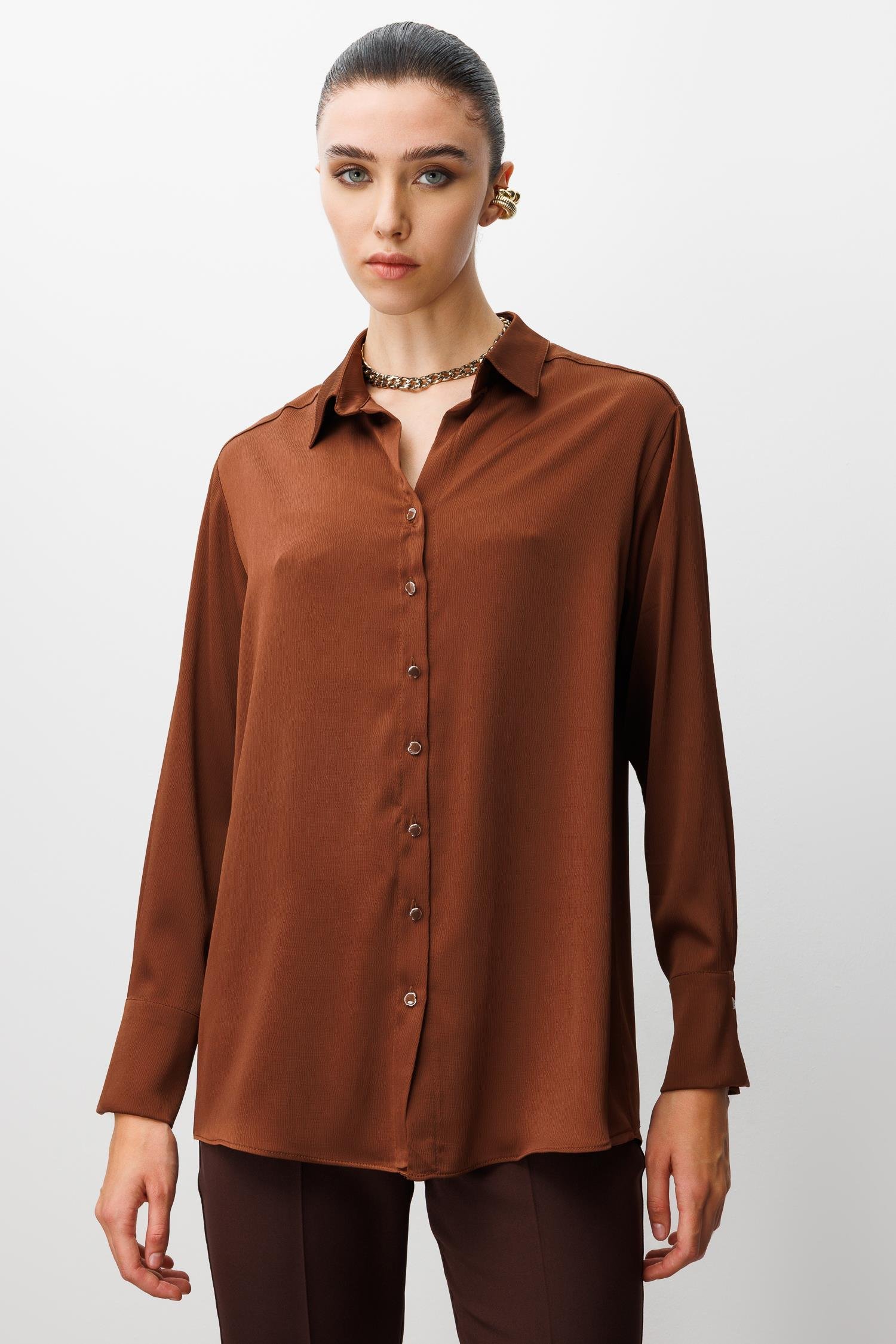 Modailgi  Salaş Kalıp Saten Gömlek Kahve