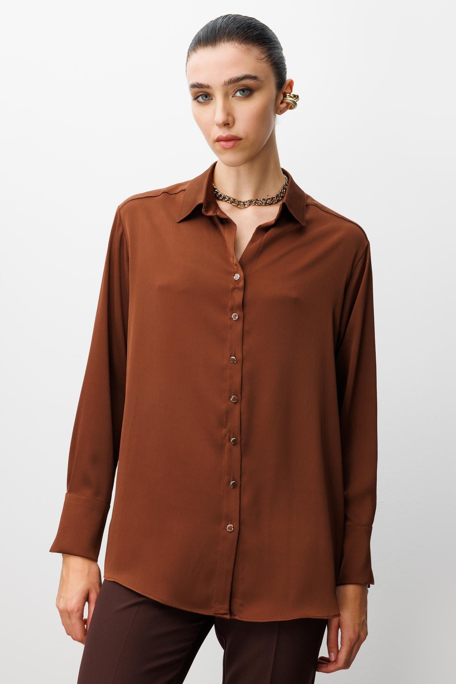 Modailgi  Salaş Kalıp Saten Gömlek Kahve