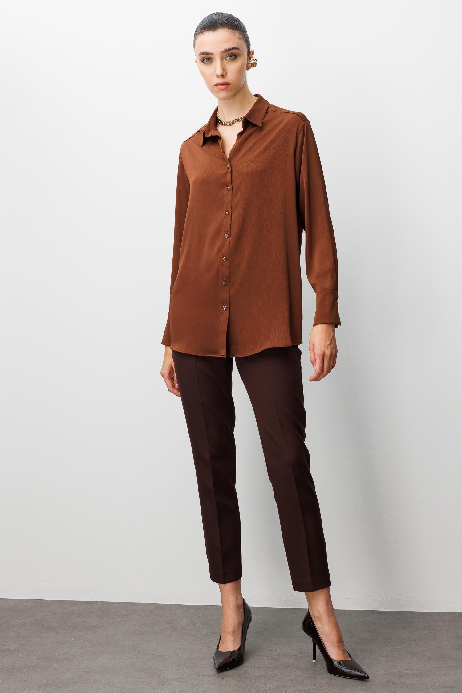 Modailgi  Salaş Kalıp Saten Gömlek Kahve