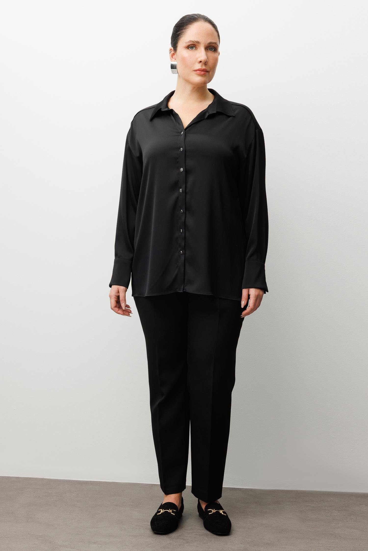 Modailgi  Salaş Kalıp Saten Gömlek Siyah