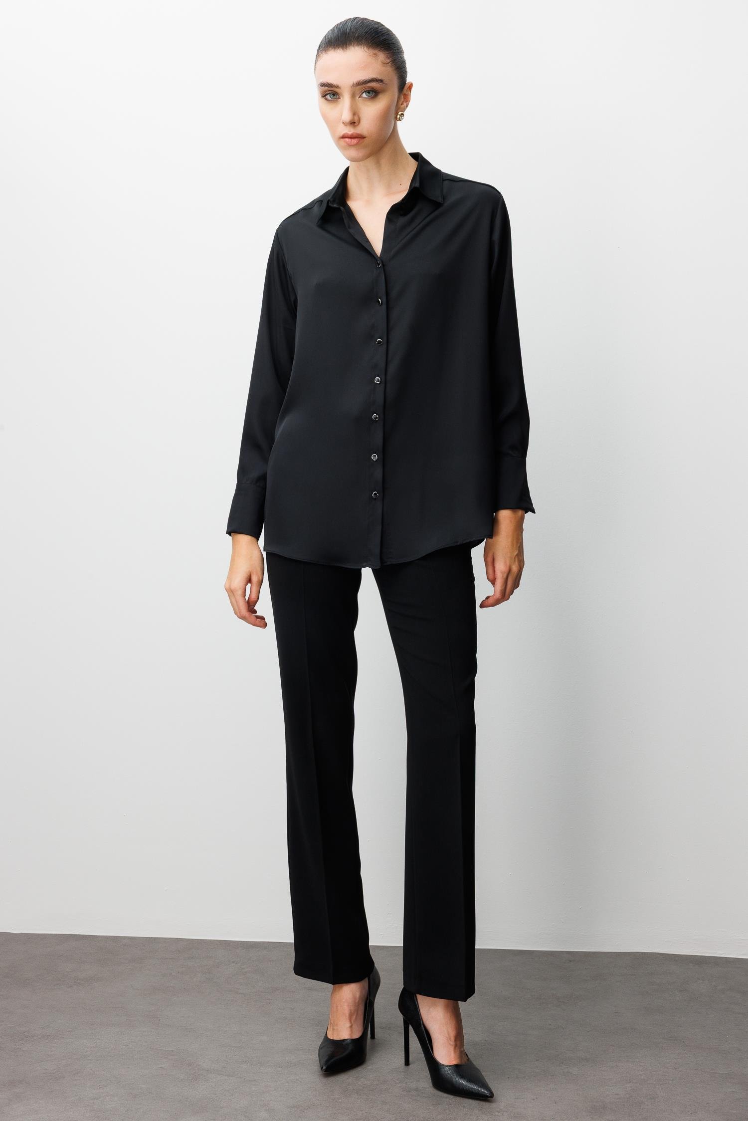 Modailgi  Salaş Kalıp Saten Gömlek Siyah