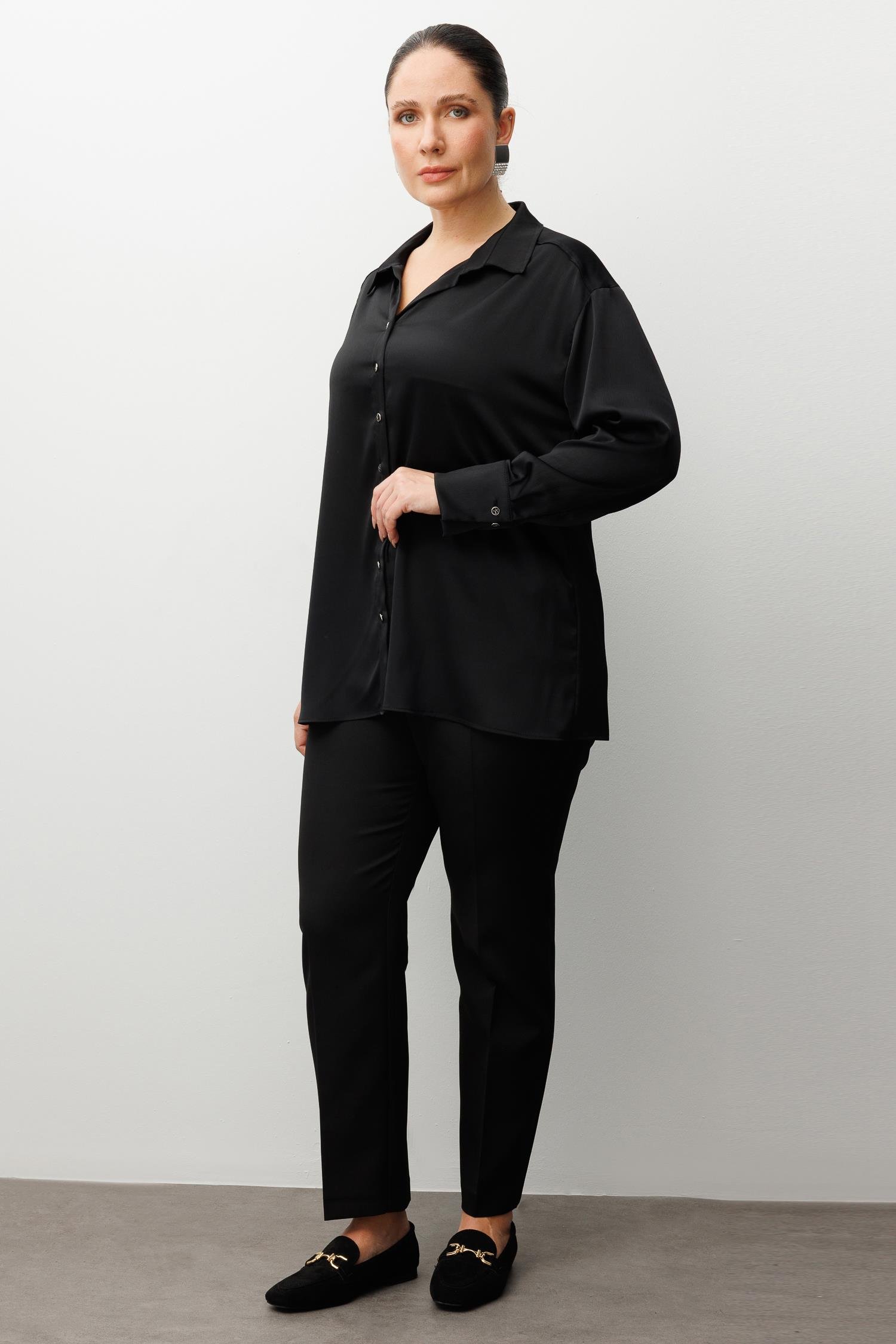 Modailgi  Salaş Kalıp Saten Gömlek Siyah