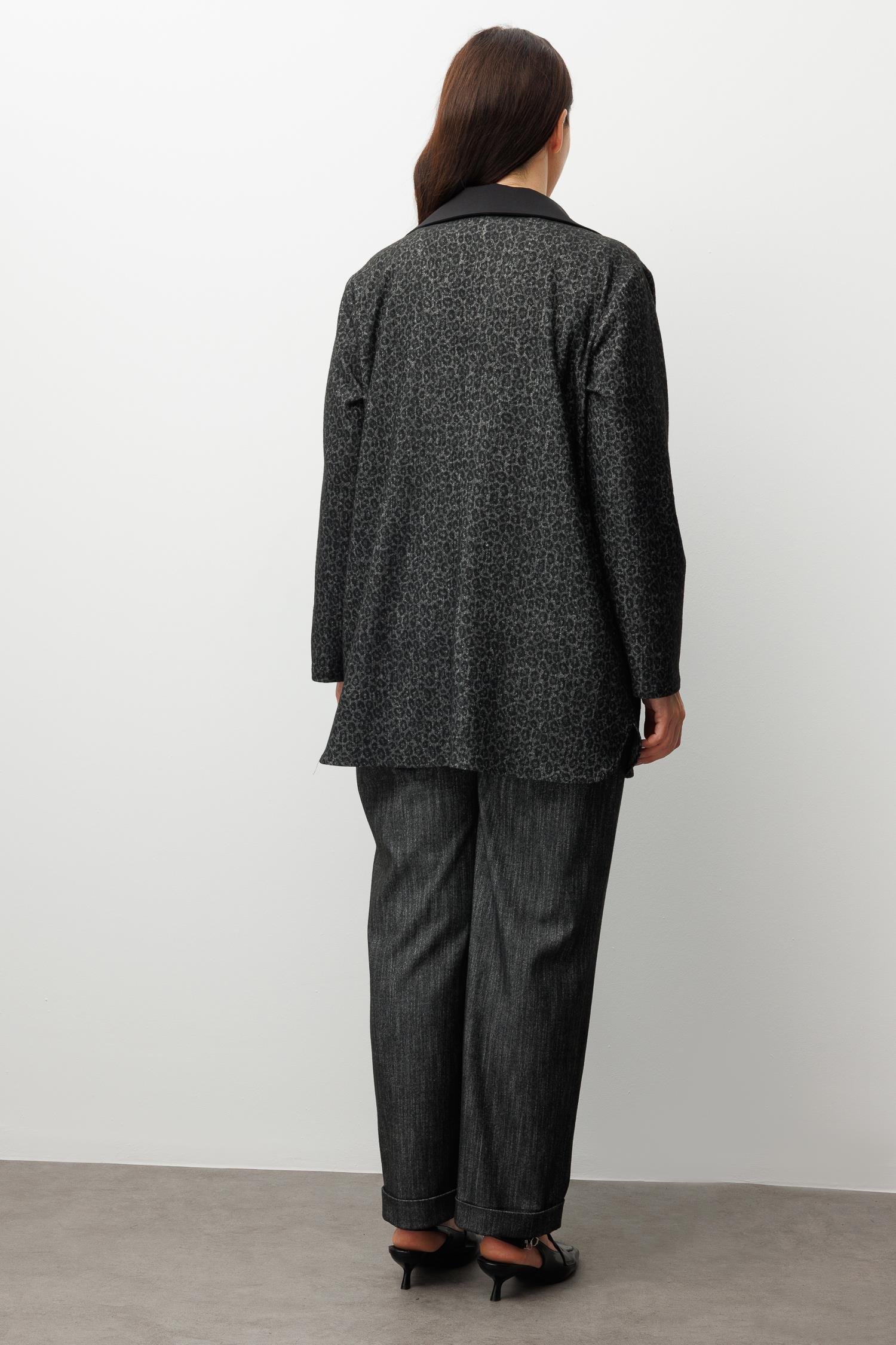 Modailgi  Salaş Takma Kol Leopar Ceket - 30086 Siyah