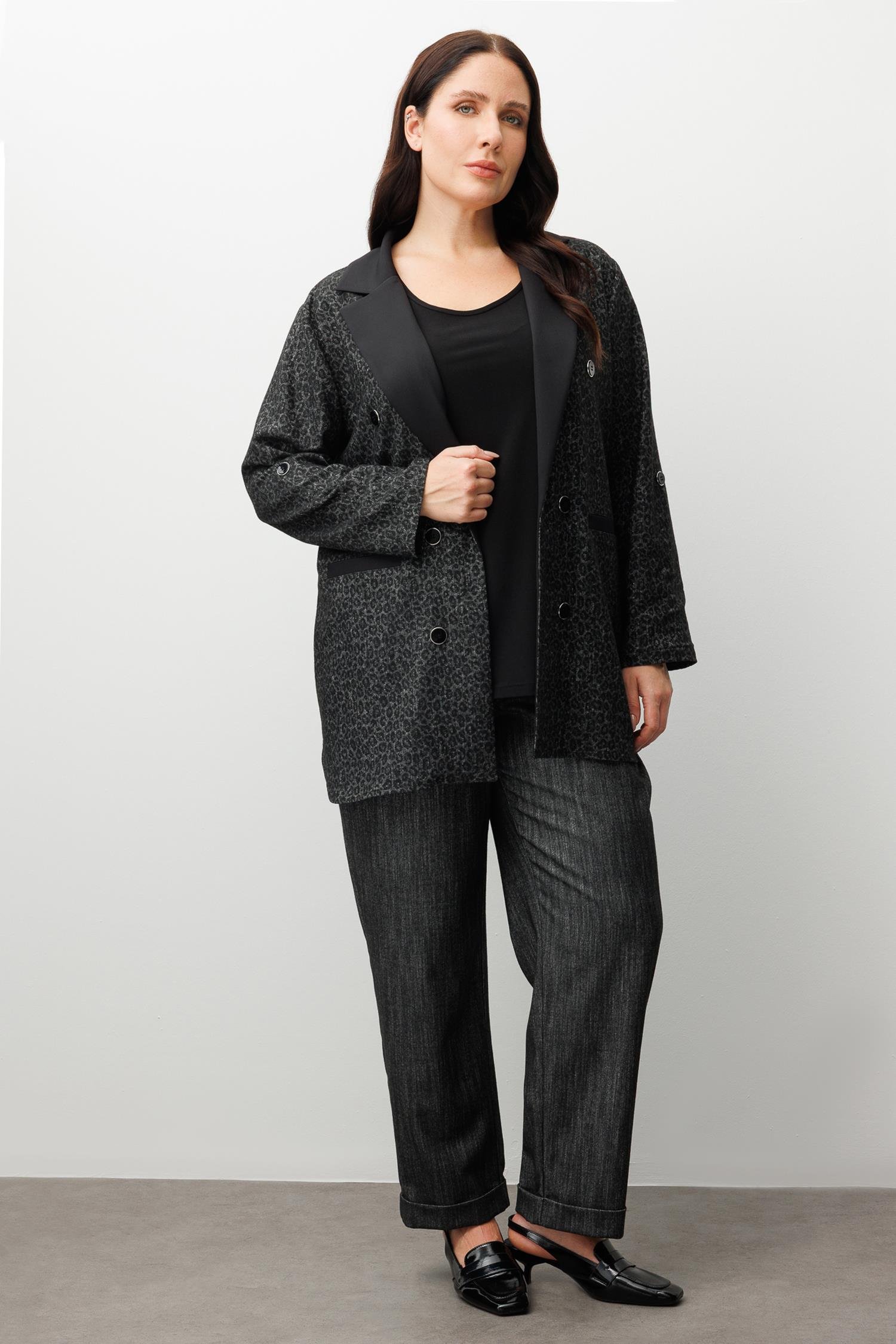 Modailgi  Salaş Takma Kol Leopar Ceket - 30086 Siyah