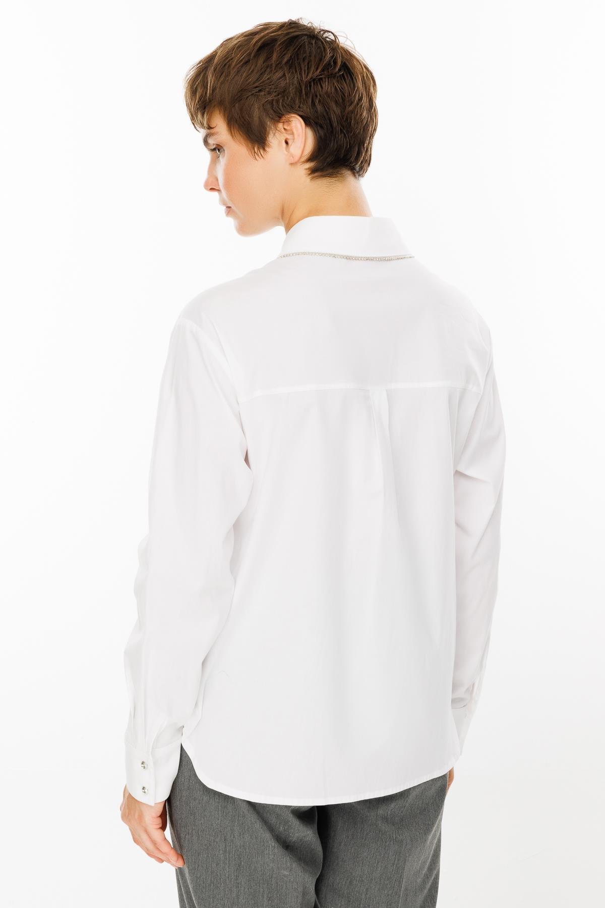 Modailgi  Şerit Taş Detaylı Koton Gömlek Beyaz
