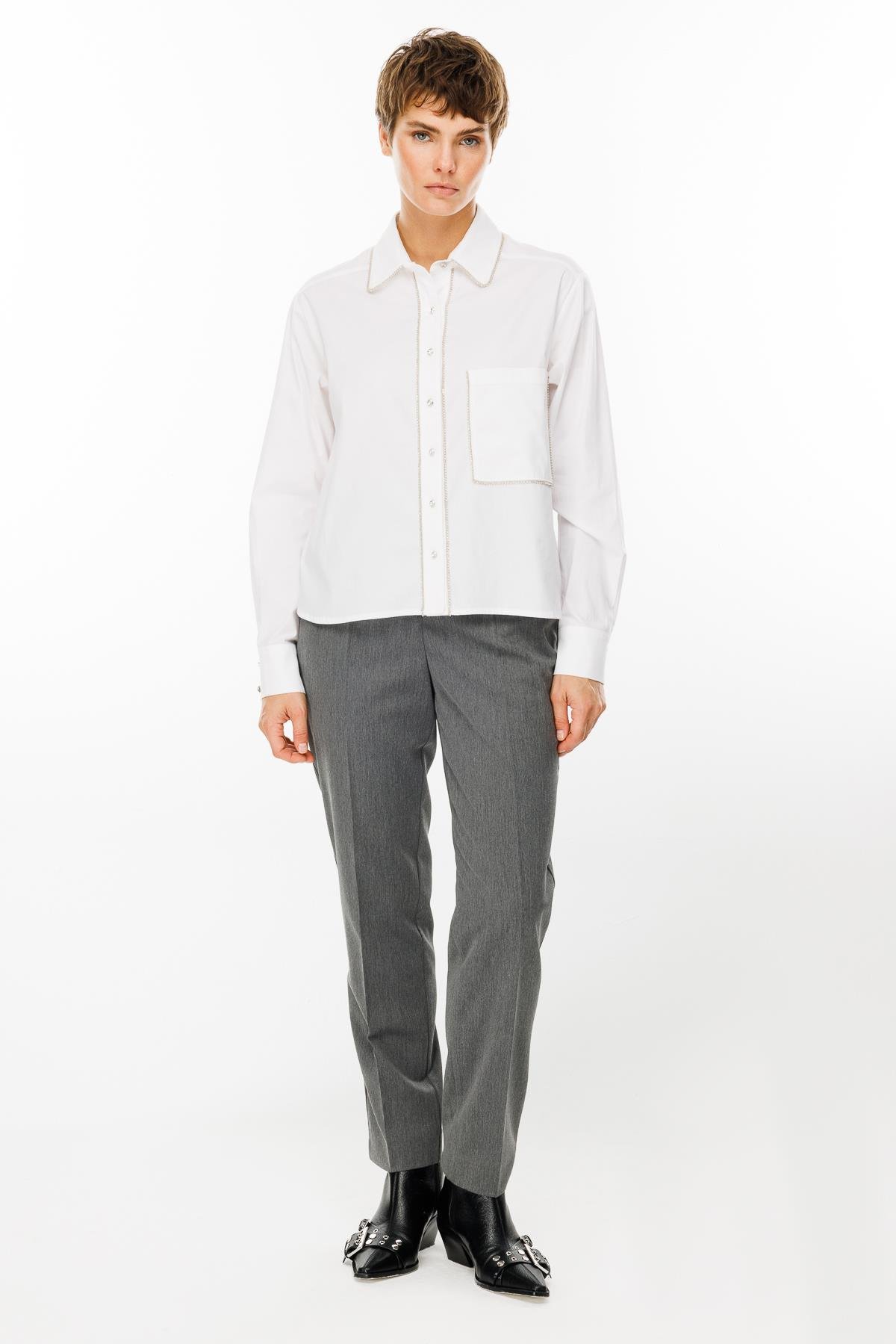 Modailgi  Şerit Taş Detaylı Koton Gömlek Beyaz