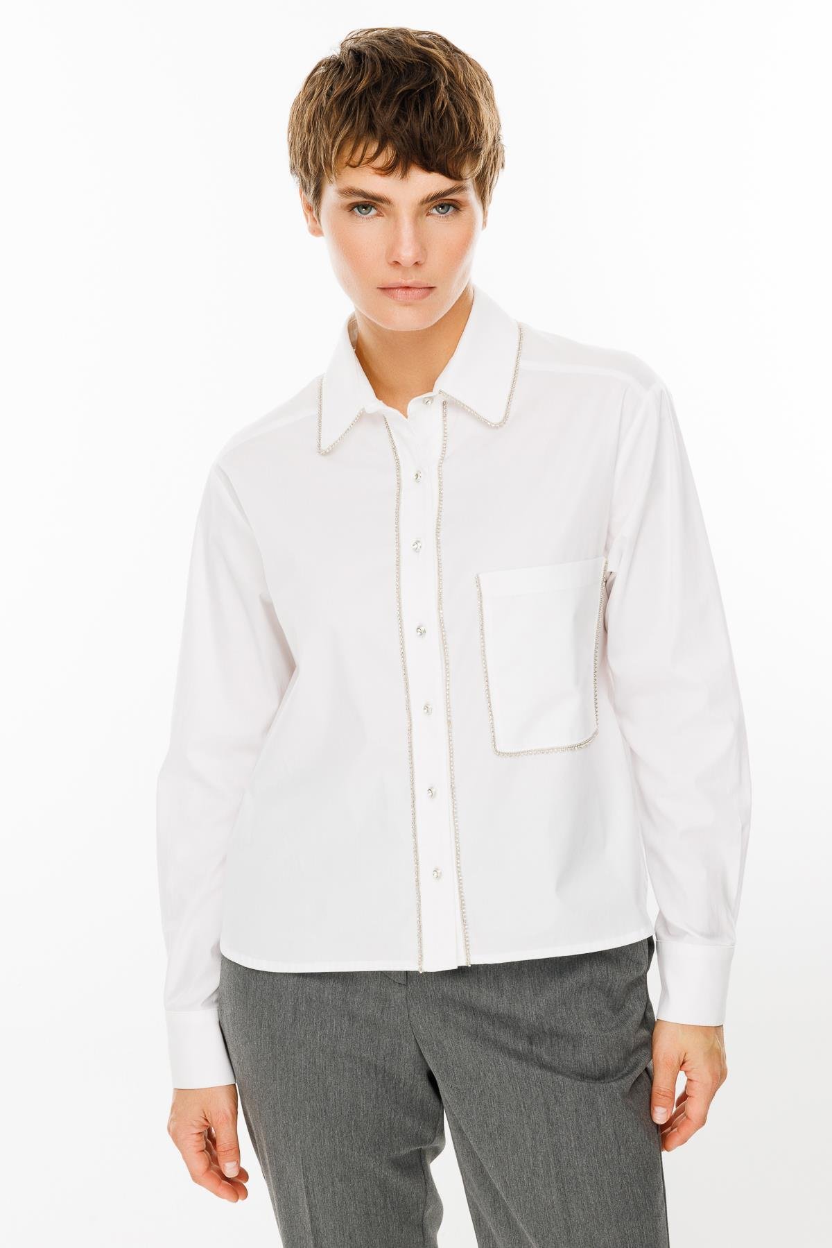 Modailgi  Şerit Taş Detaylı Koton Gömlek Beyaz