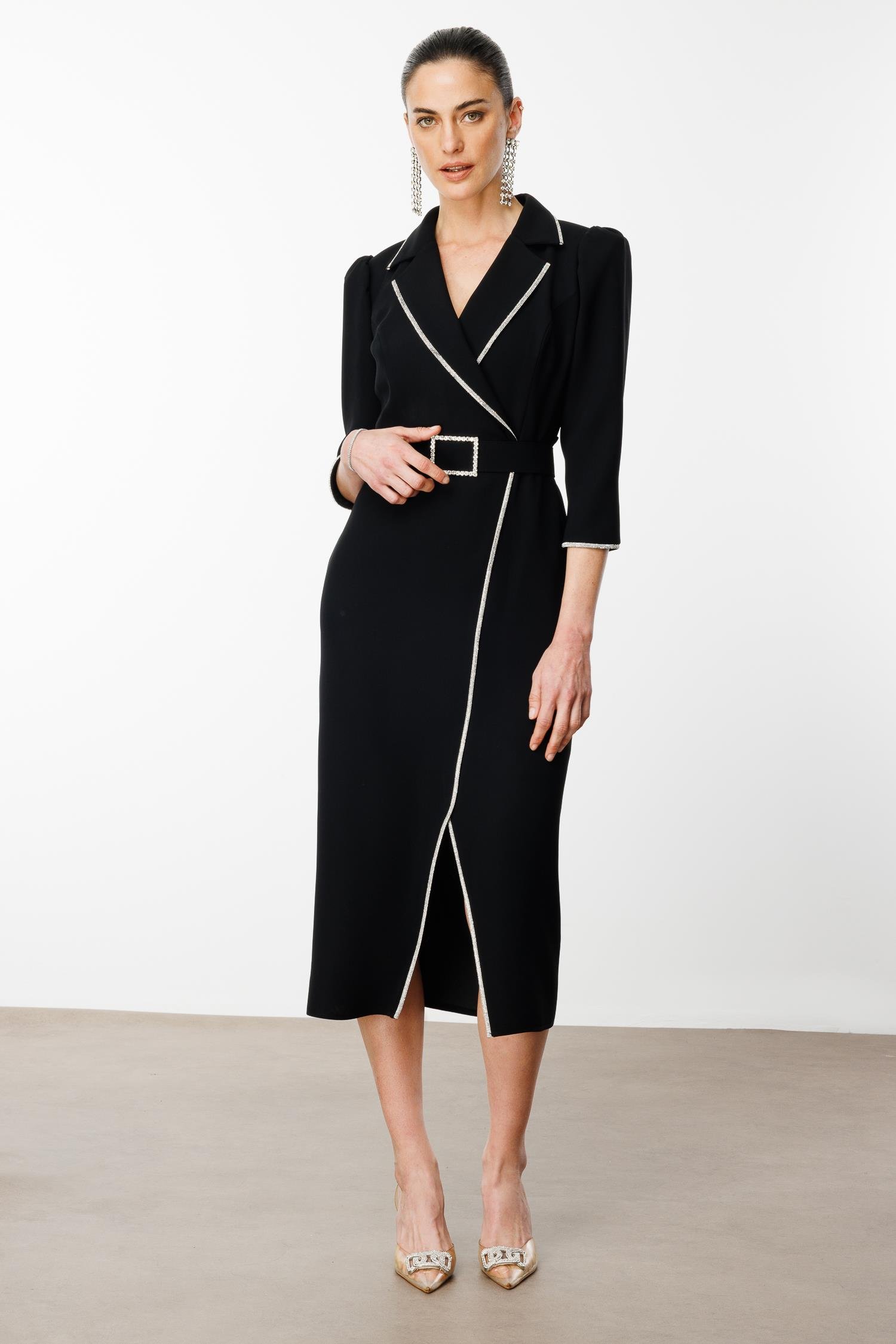 Modailgi  Şerit Taş Detaylı Kruvaze Elbise Siyah