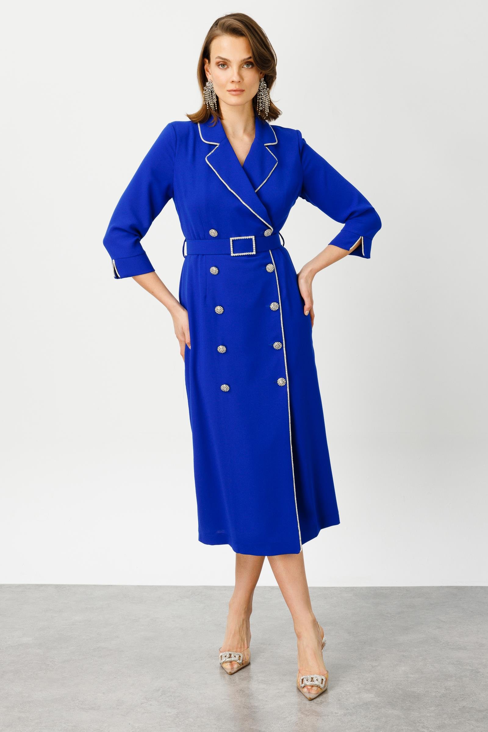 Modailgi  Şerit Taş Detaylı Kruvaze Elbise Saks