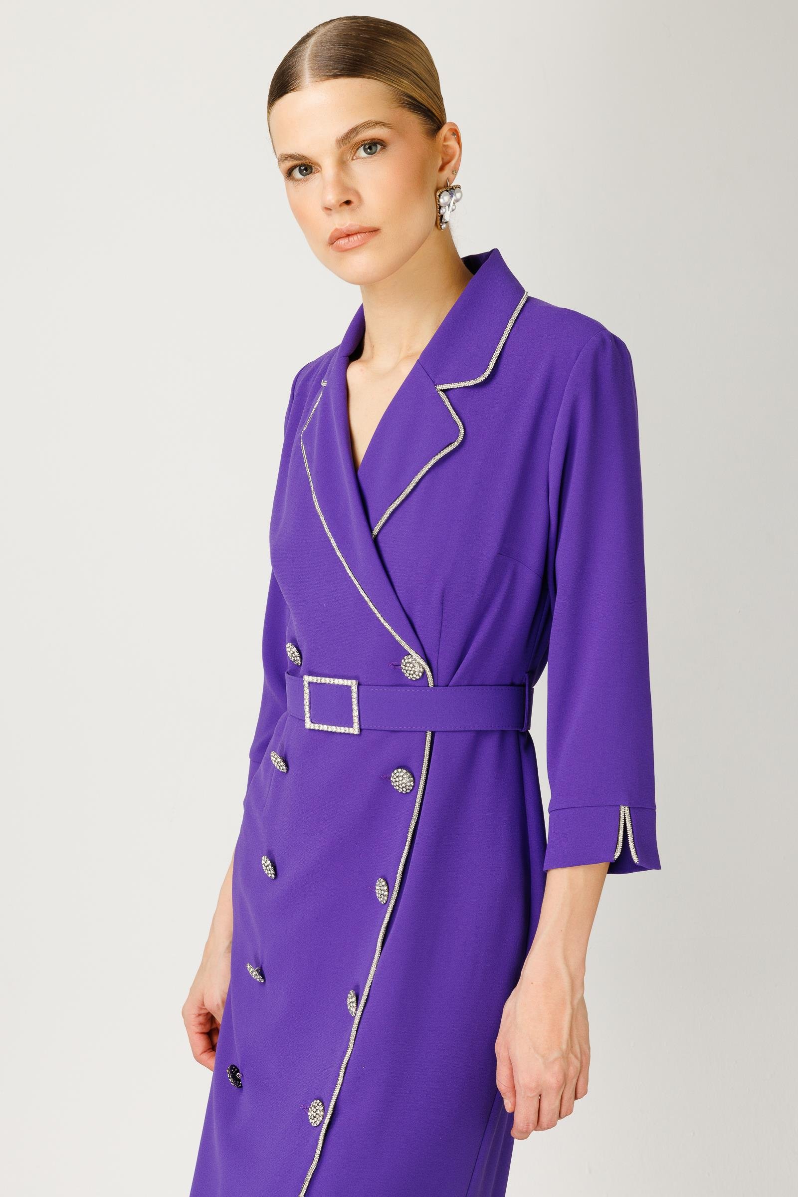 Modailgi  Şerit Taş Detaylı Kruvaze Elbise Mor