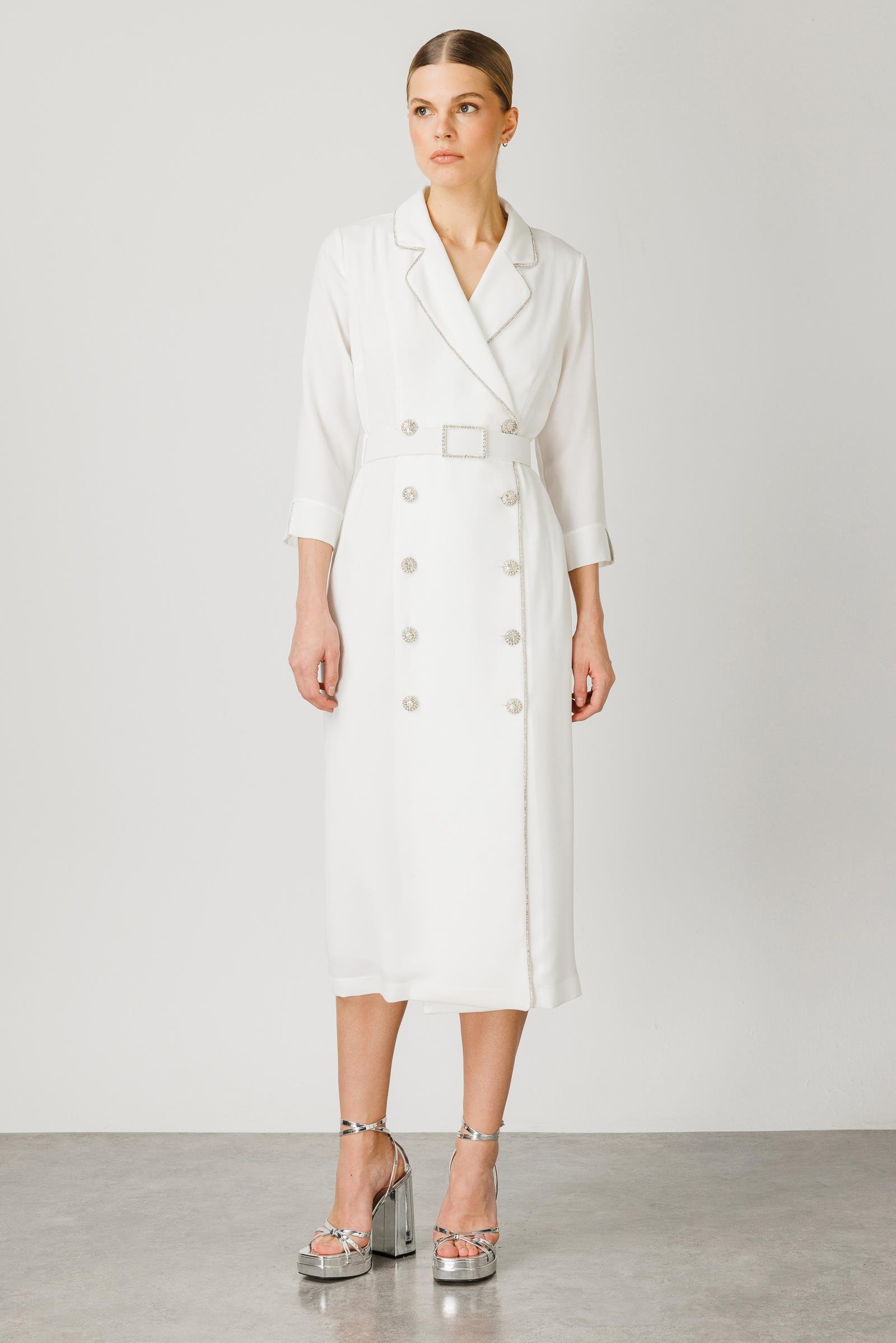 Modailgi  Şerit Taş Detaylı Kruvaze Elbise Ekru