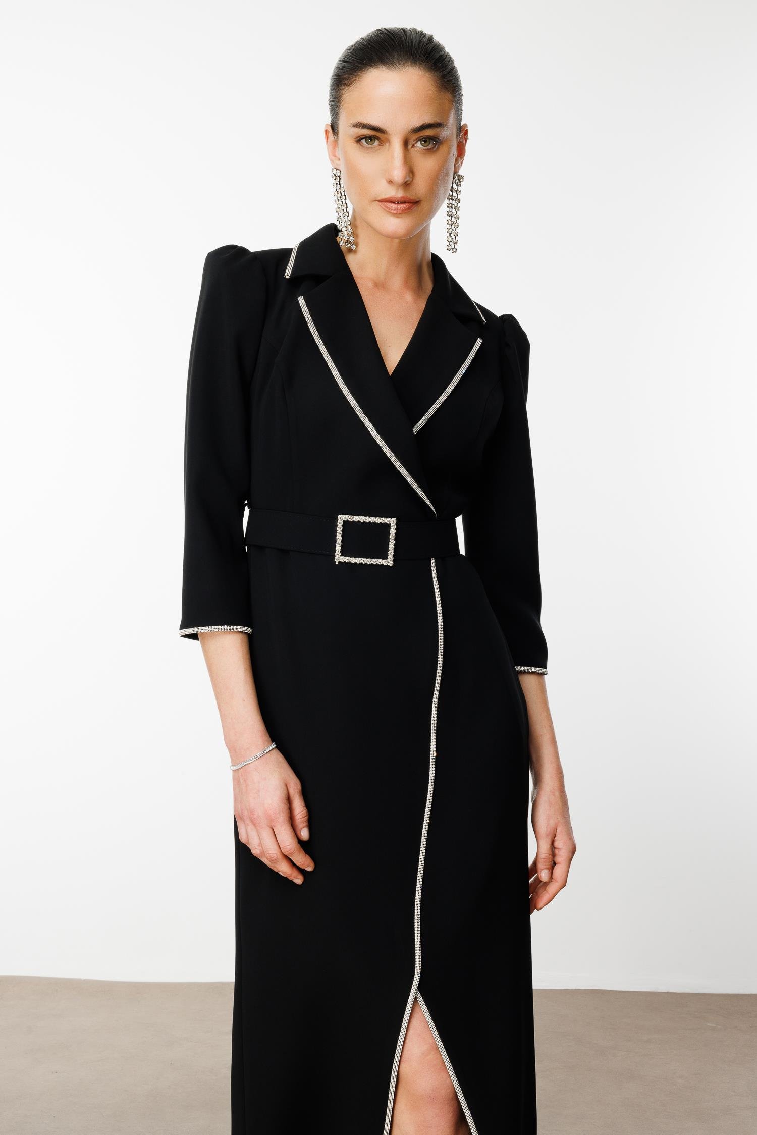 Modailgi  Şerit Taş Detaylı Kruvaze Elbise Siyah