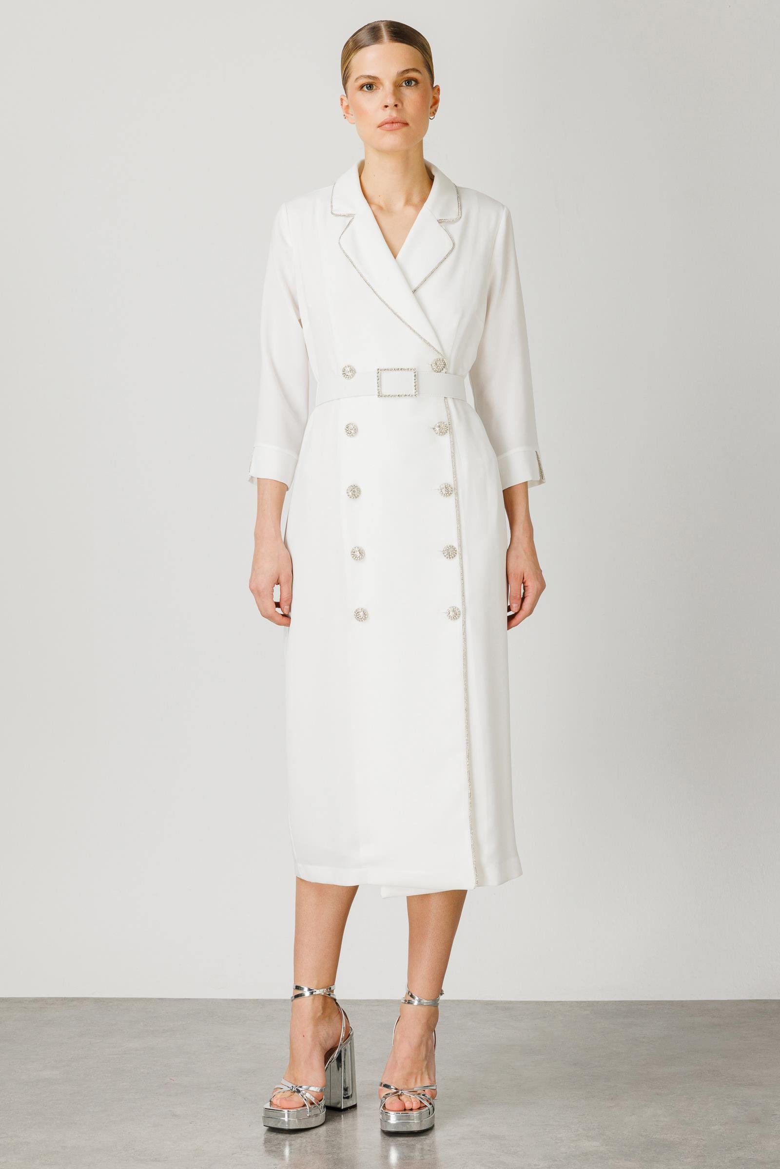 Modailgi  Şerit Taş Detaylı Kruvaze Elbise Ekru