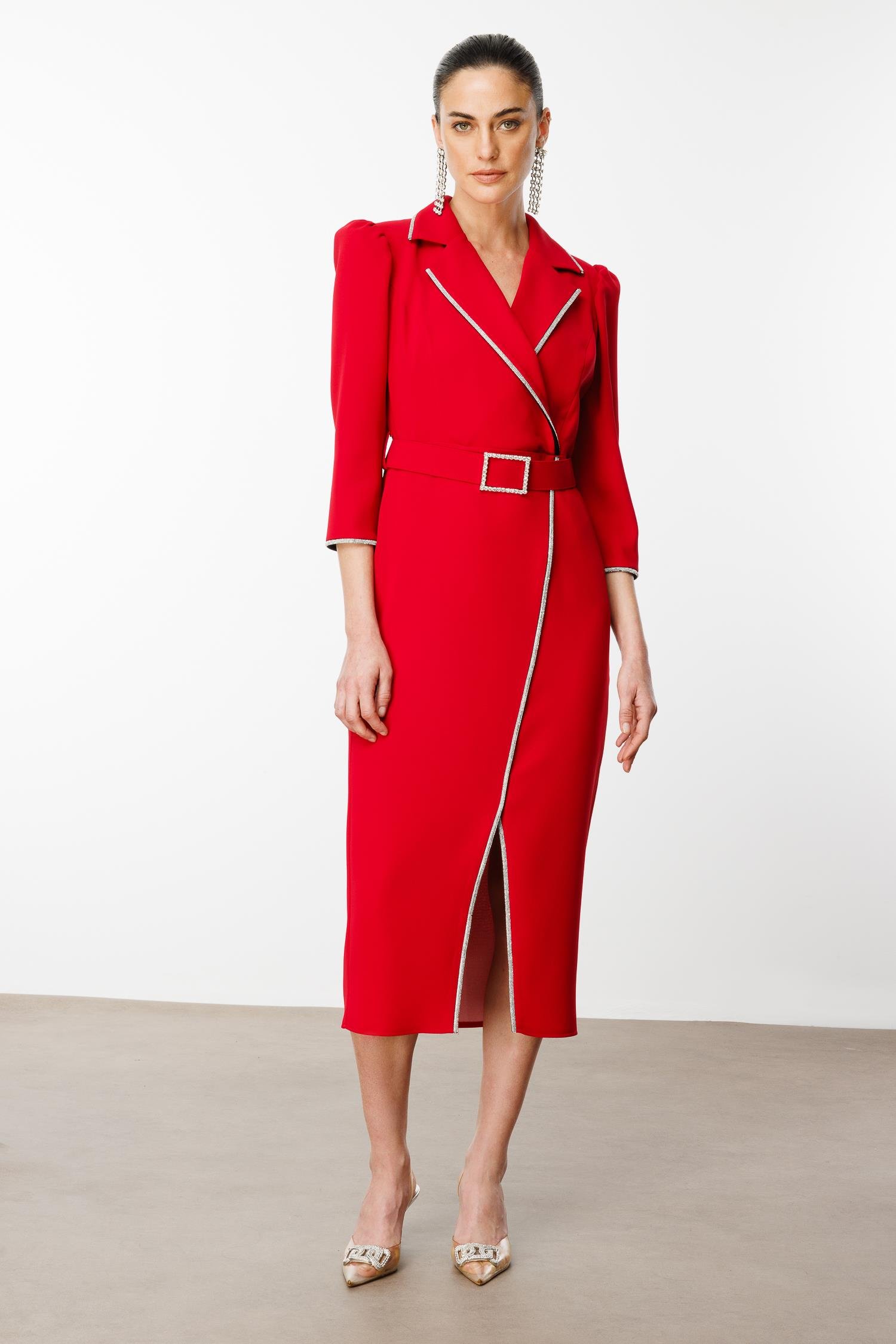 Modailgi  Şerit Taş Detaylı Kruvaze Elbise Kırmızı