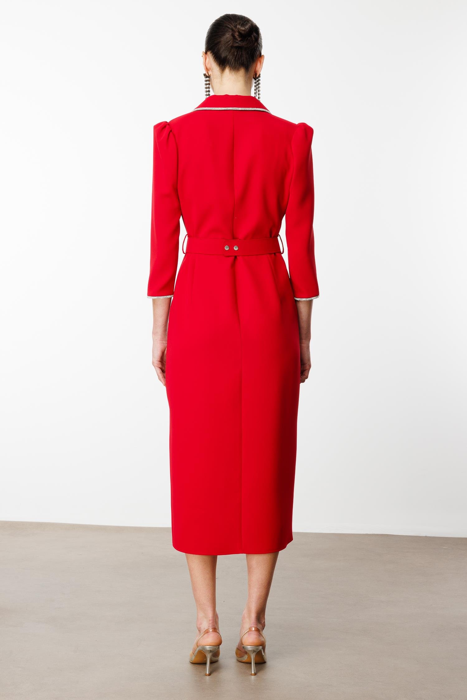 Modailgi  Şerit Taş Detaylı Kruvaze Elbise Kırmızı