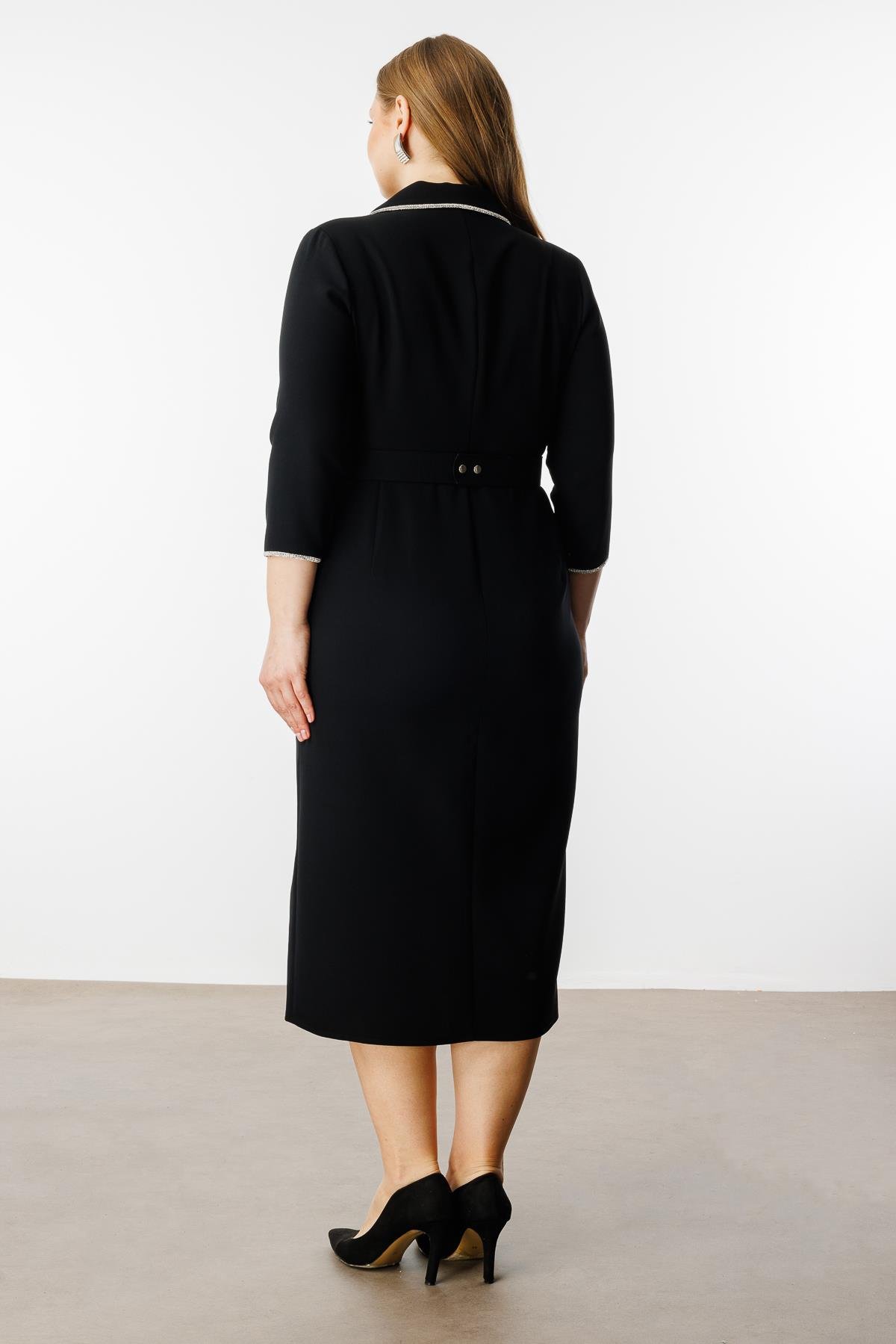 Modailgi  Şerit Taş Detaylı Kruvaze Elbise Siyah