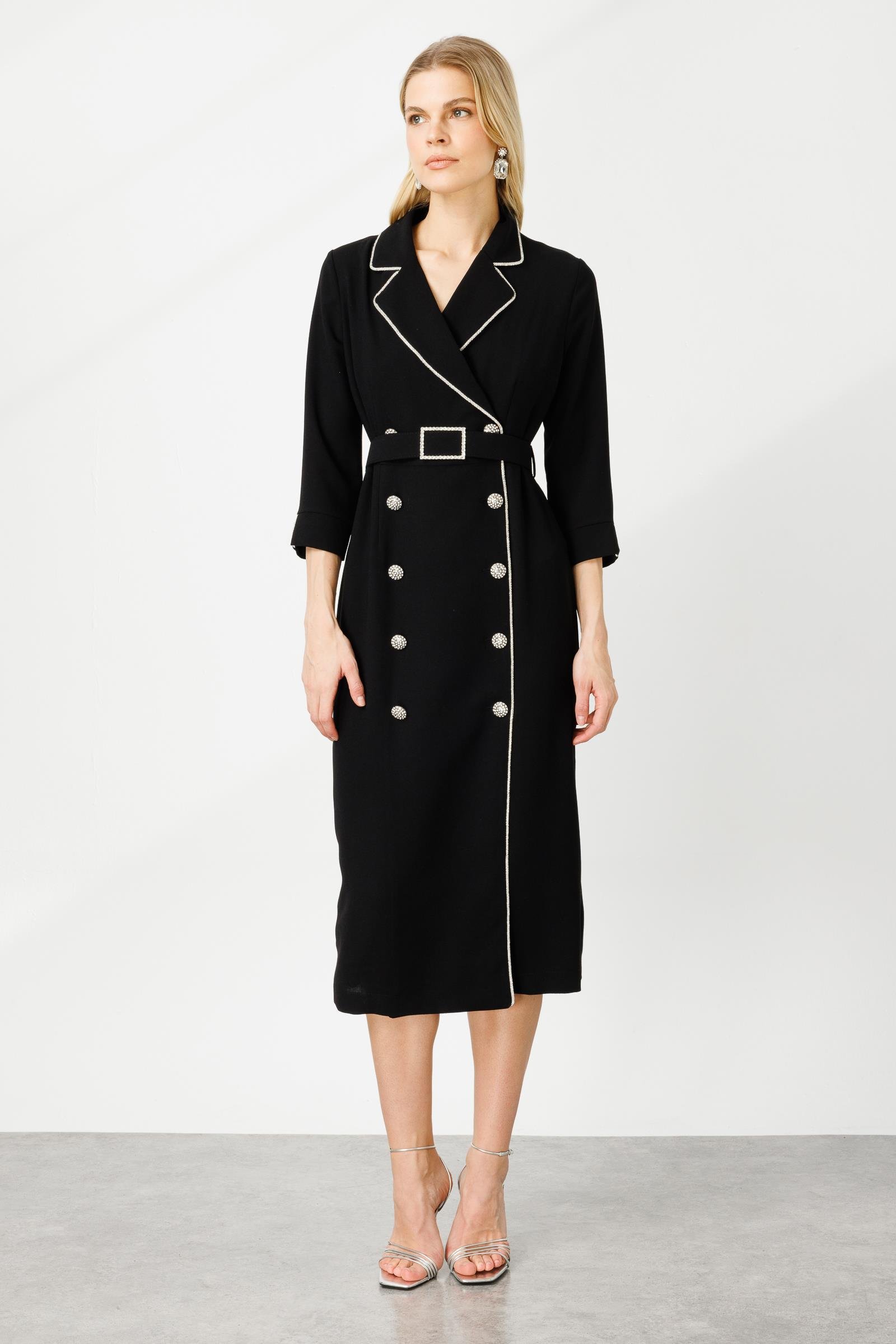 Modailgi  Şerit Taş Detaylı Kruvaze Elbise Siyah