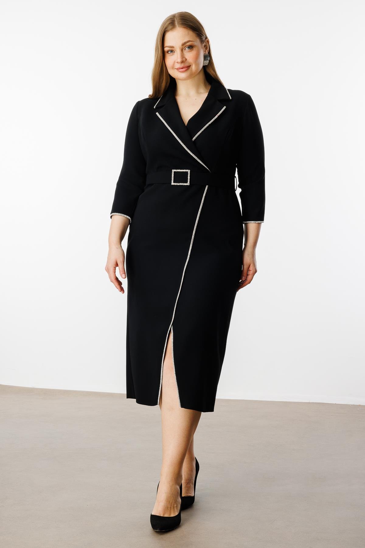 Modailgi  Şerit Taş Detaylı Kruvaze Elbise Siyah