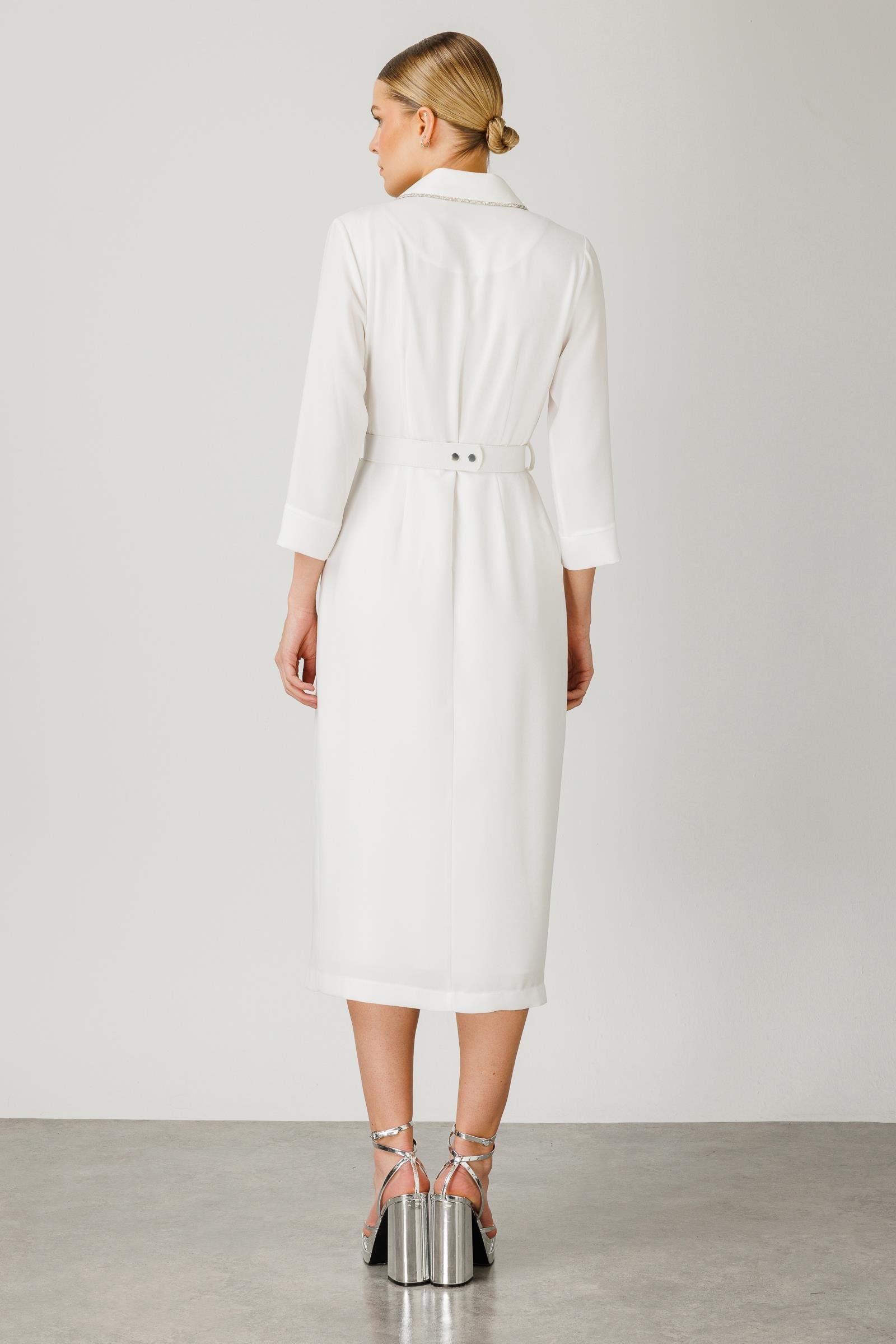 Modailgi  Şerit Taş Detaylı Kruvaze Elbise Ekru