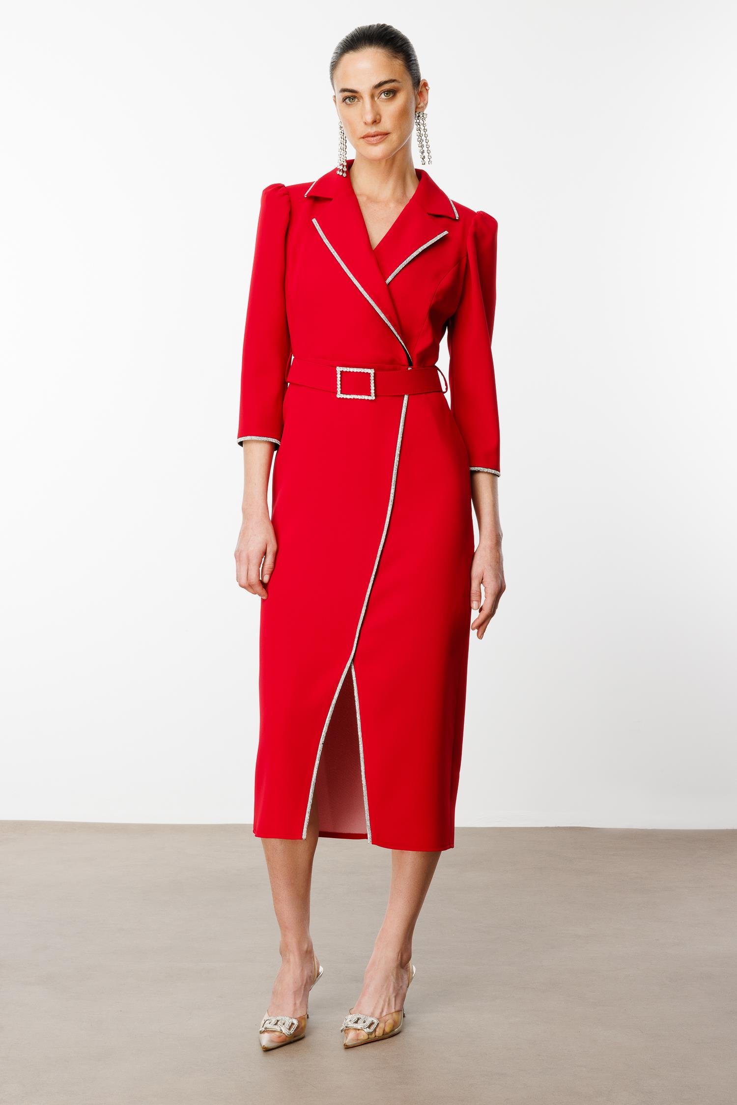 Modailgi  Şerit Taş Detaylı Kruvaze Elbise Kırmızı