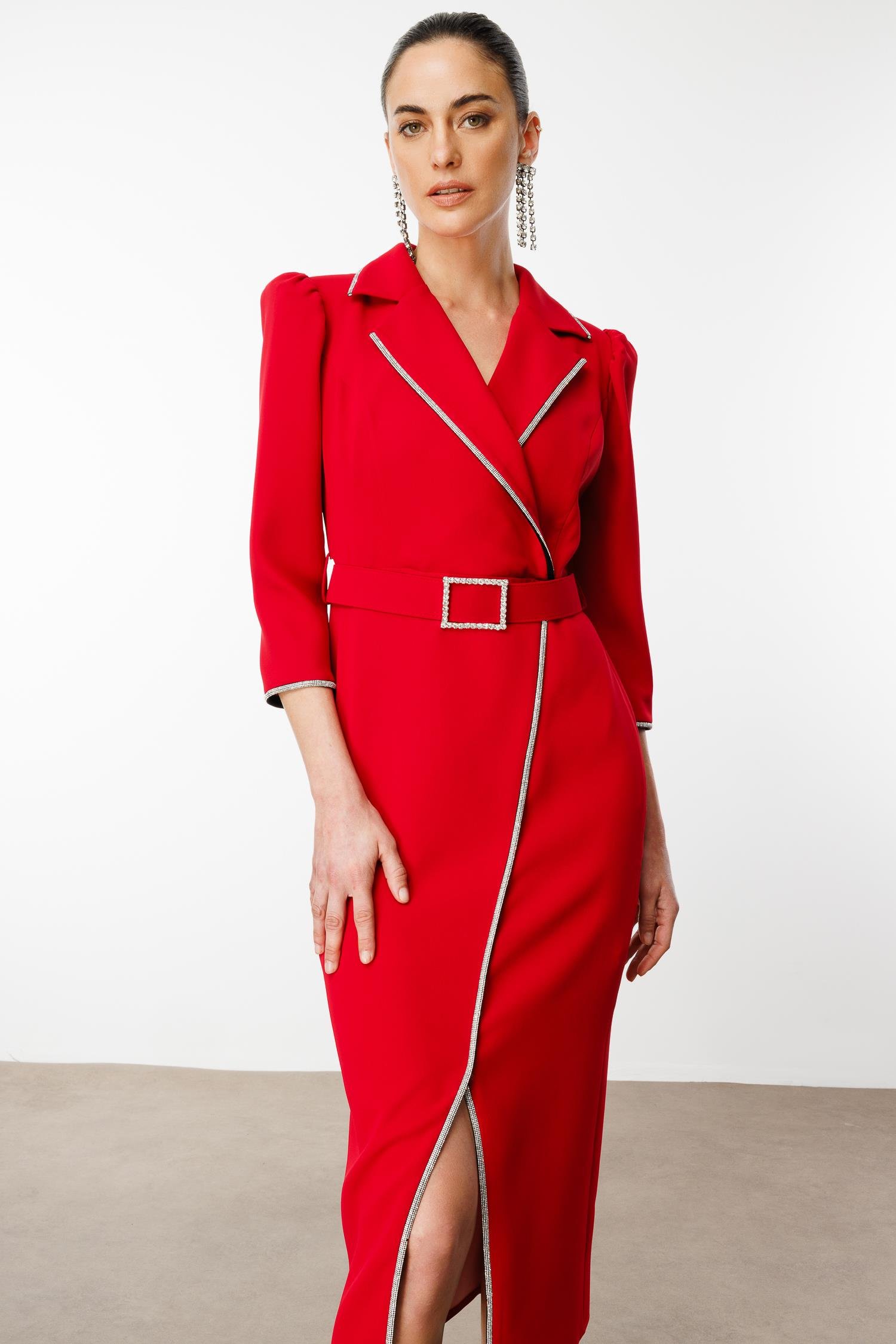 Modailgi  Şerit Taş Detaylı Kruvaze Elbise Kırmızı