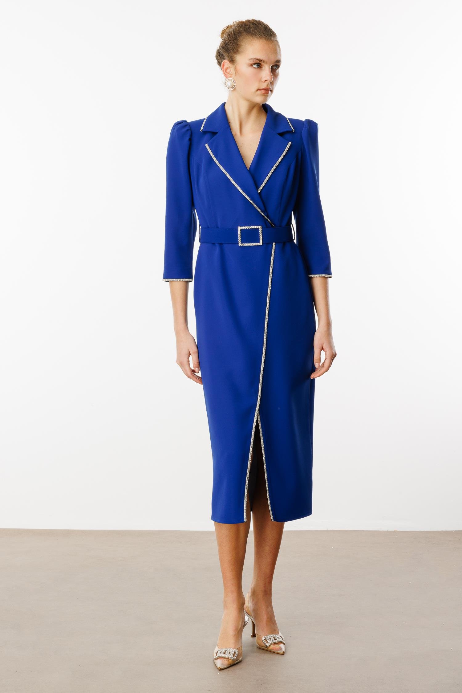 Modailgi  Şerit Taş Detaylı Kruvaze Elbise Saks