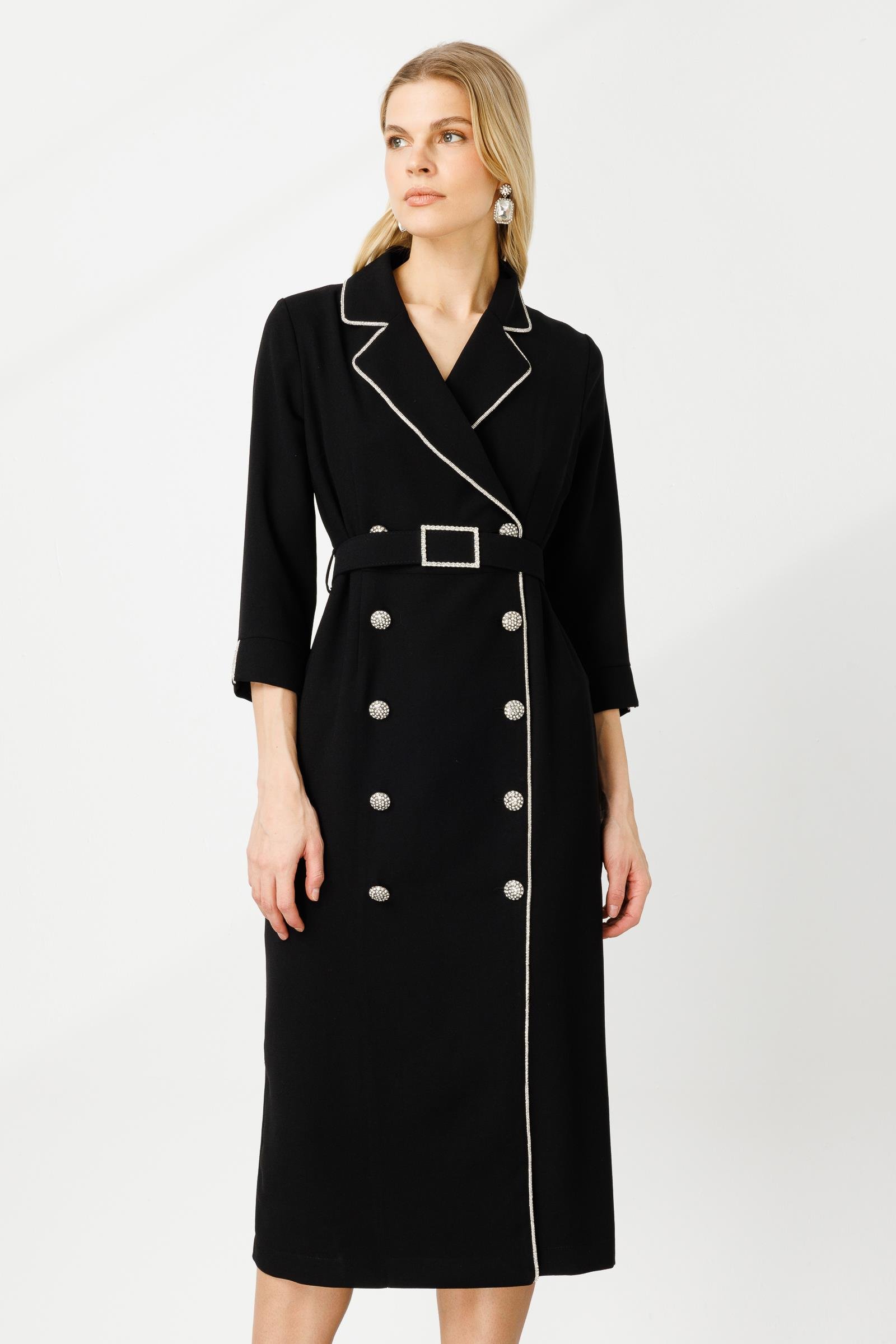 Modailgi  Şerit Taş Detaylı Kruvaze Elbise Siyah