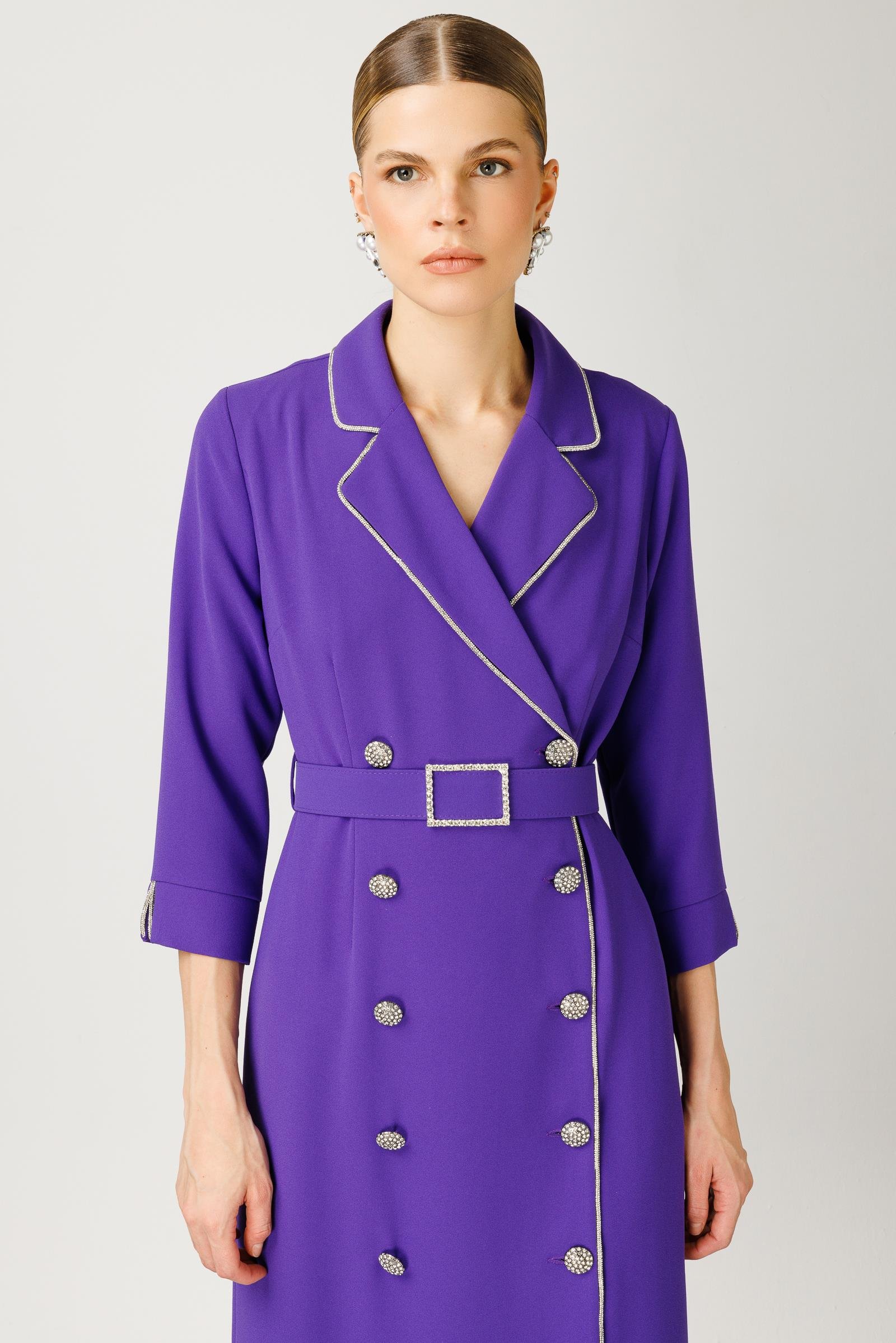 Modailgi  Şerit Taş Detaylı Kruvaze Elbise Mor