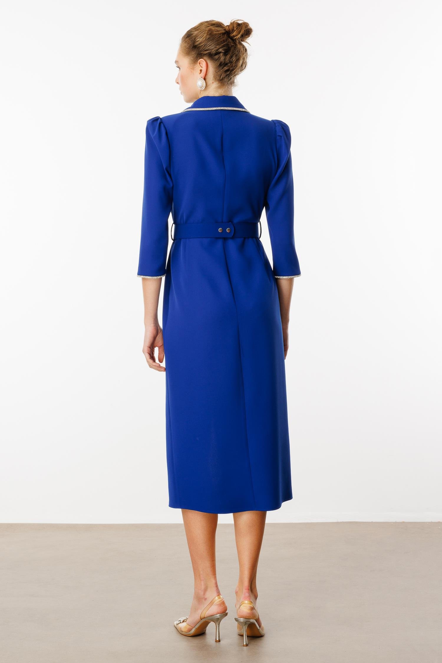 Modailgi  Şerit Taş Detaylı Kruvaze Elbise Saks