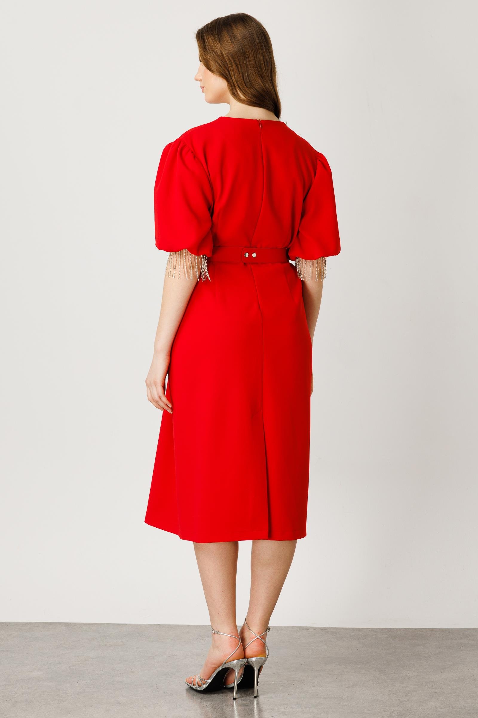 Modailgi  Şerit Taşlı Balon Kol Elbise Kırmızı