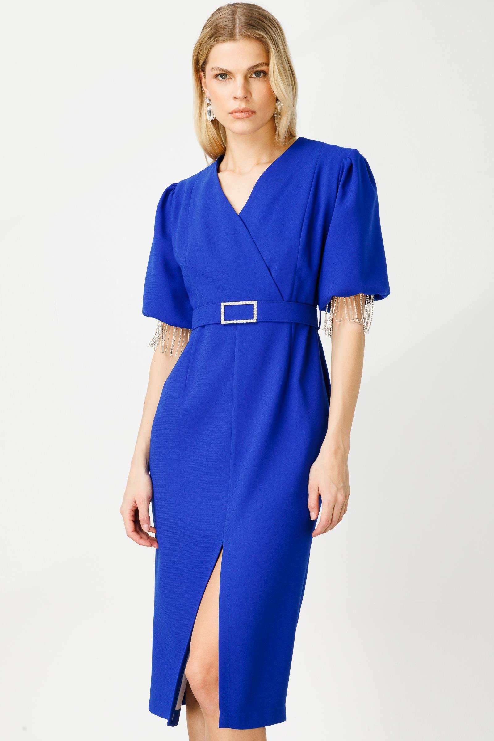 Modailgi  Şerit Taşlı Balon Kol Elbise Saks