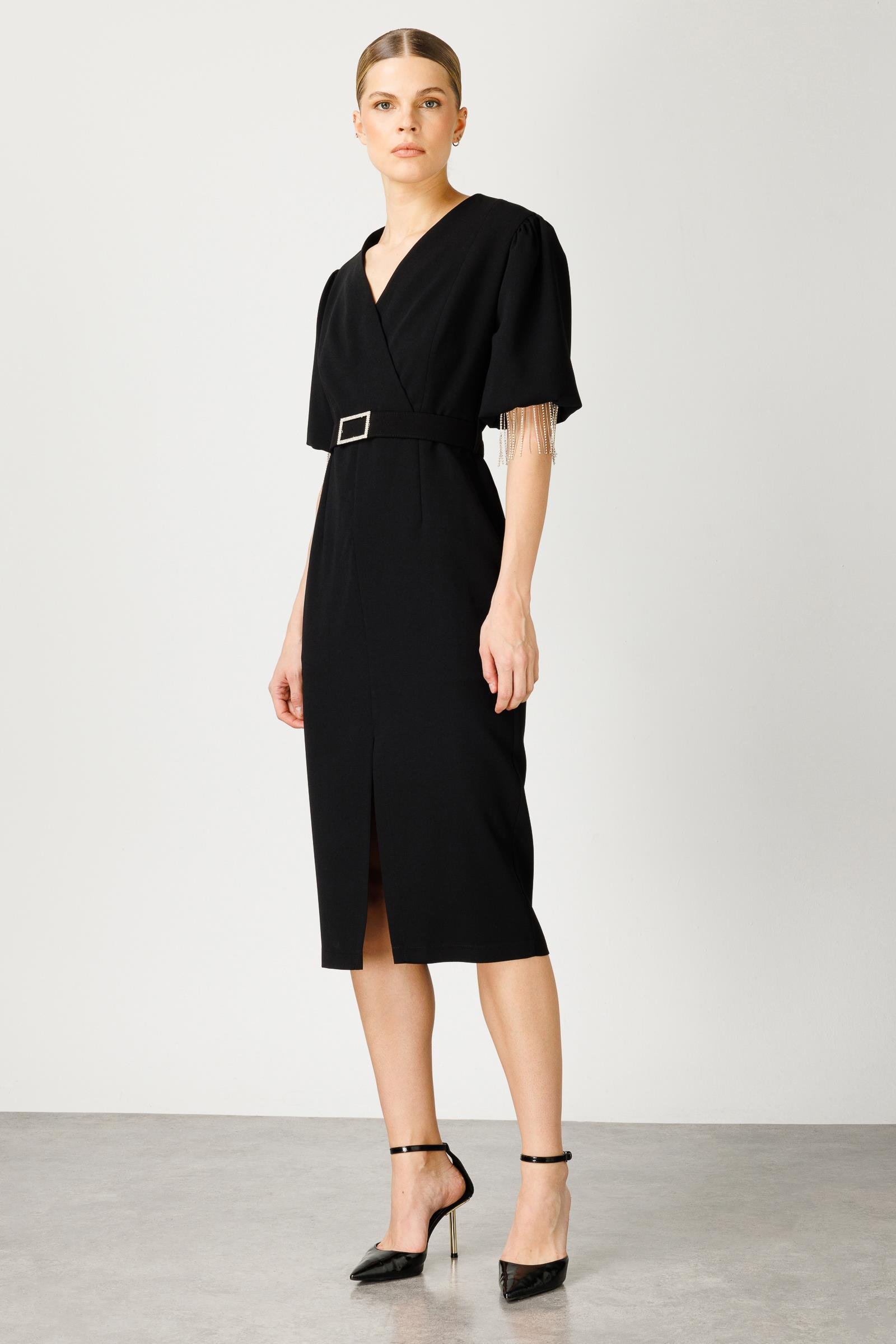 Modailgi  Şerit Taşlı Balon Kol Elbise Siyah