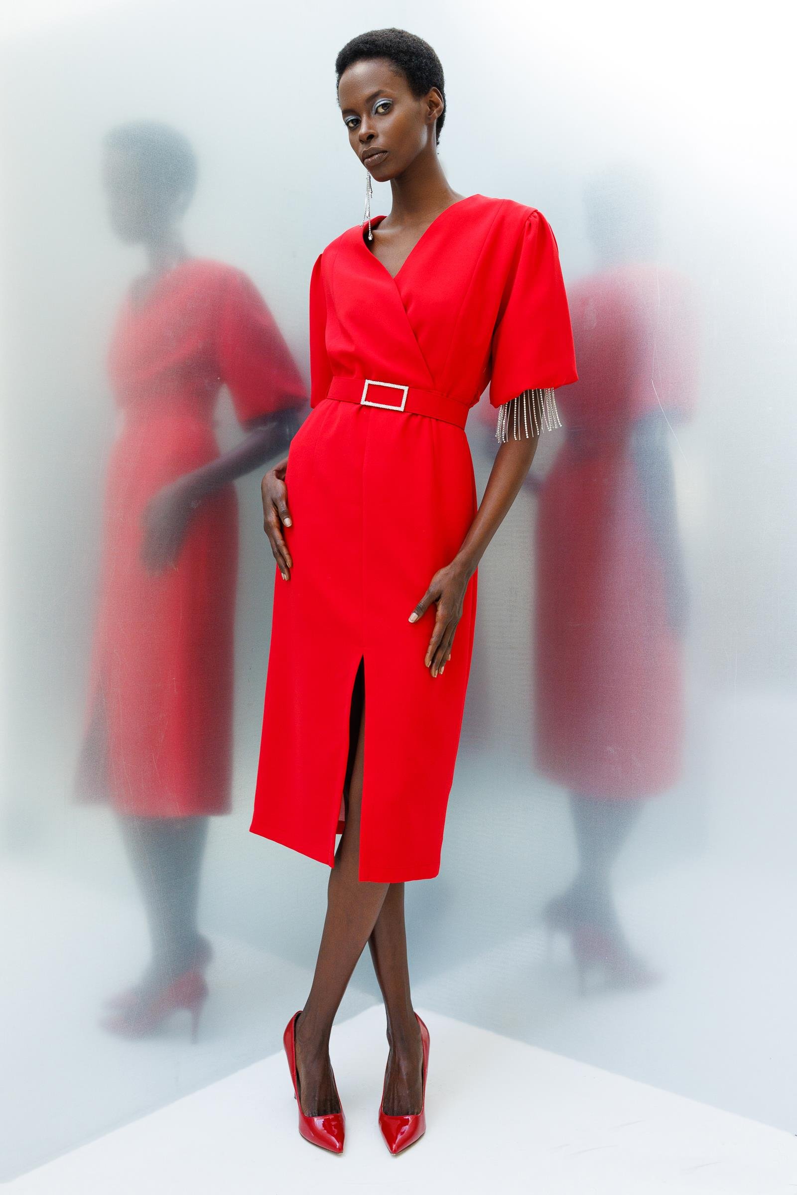 Modailgi  Şerit Taşlı Balon Kol Elbise Kırmızı