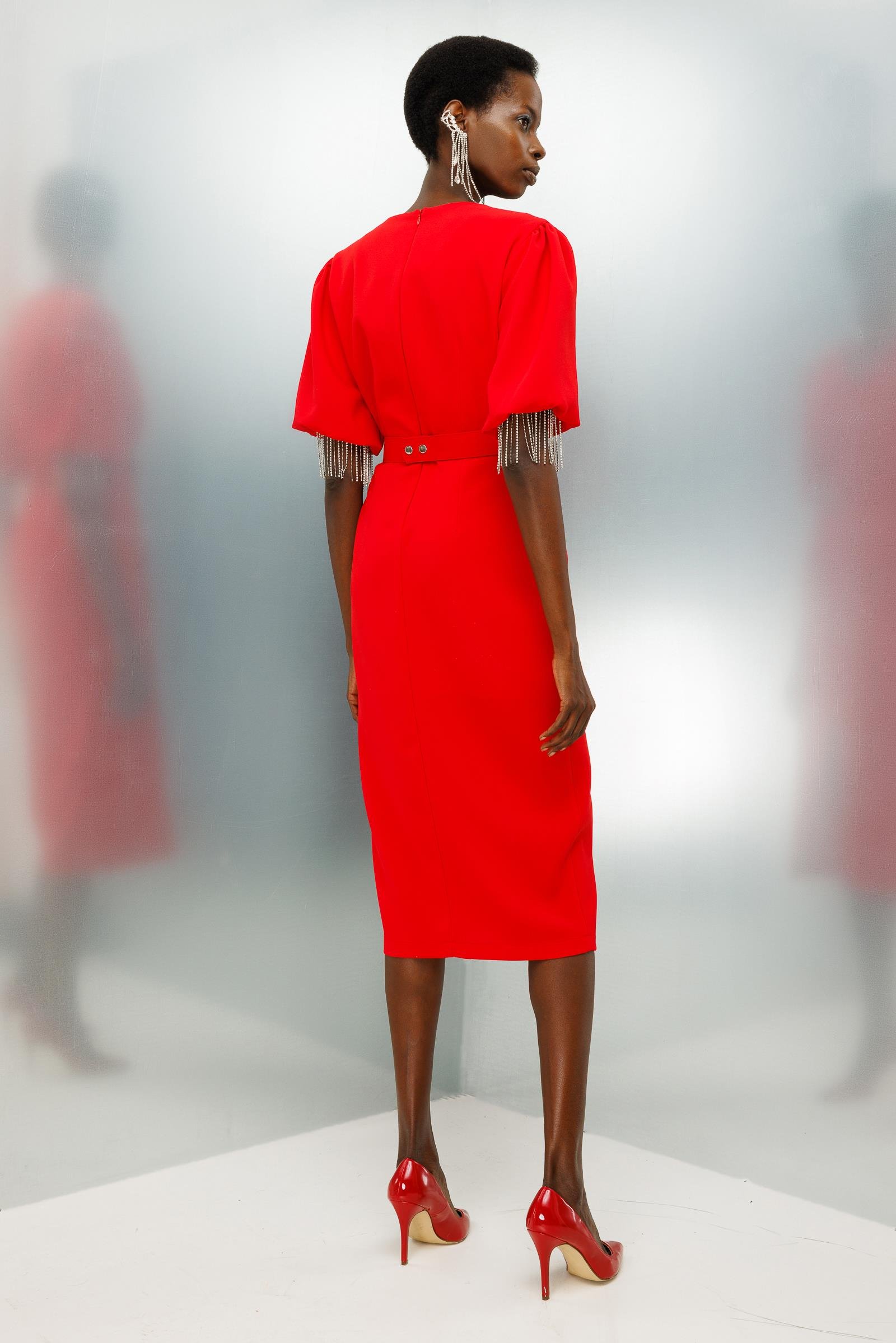 Modailgi  Şerit Taşlı Balon Kol Elbise Kırmızı