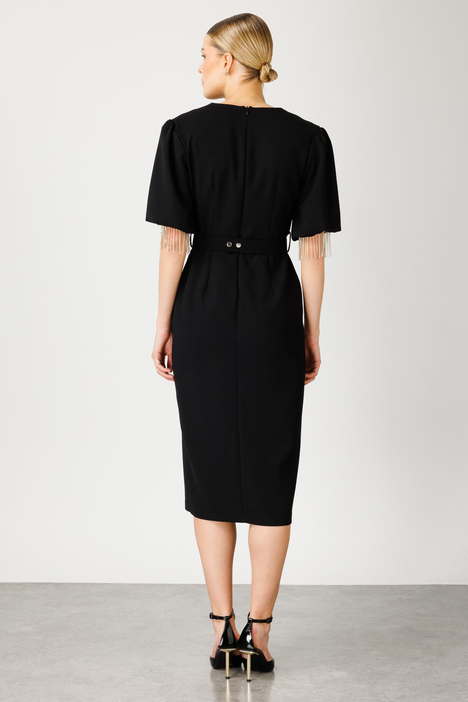 Modailgi  Şerit Taşlı Balon Kol Elbise Siyah