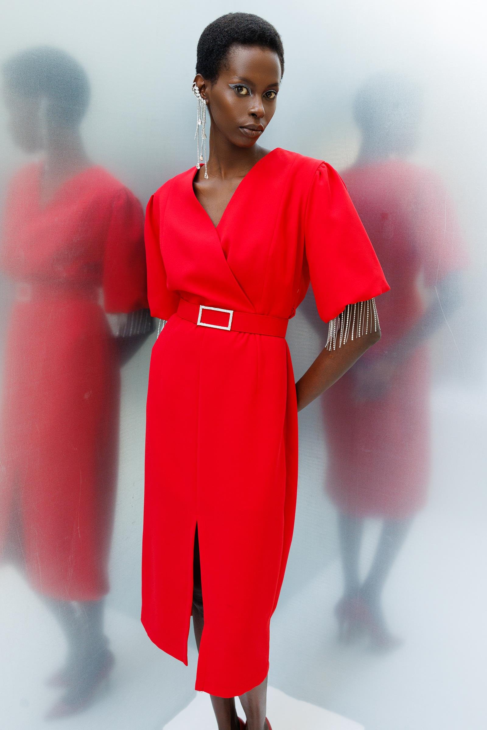 Modailgi  Şerit Taşlı Balon Kol Elbise Kırmızı