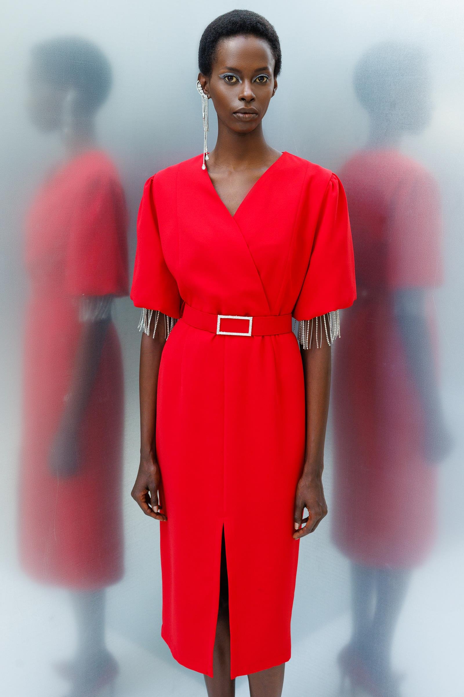 Modailgi  Şerit Taşlı Balon Kol Elbise Kırmızı