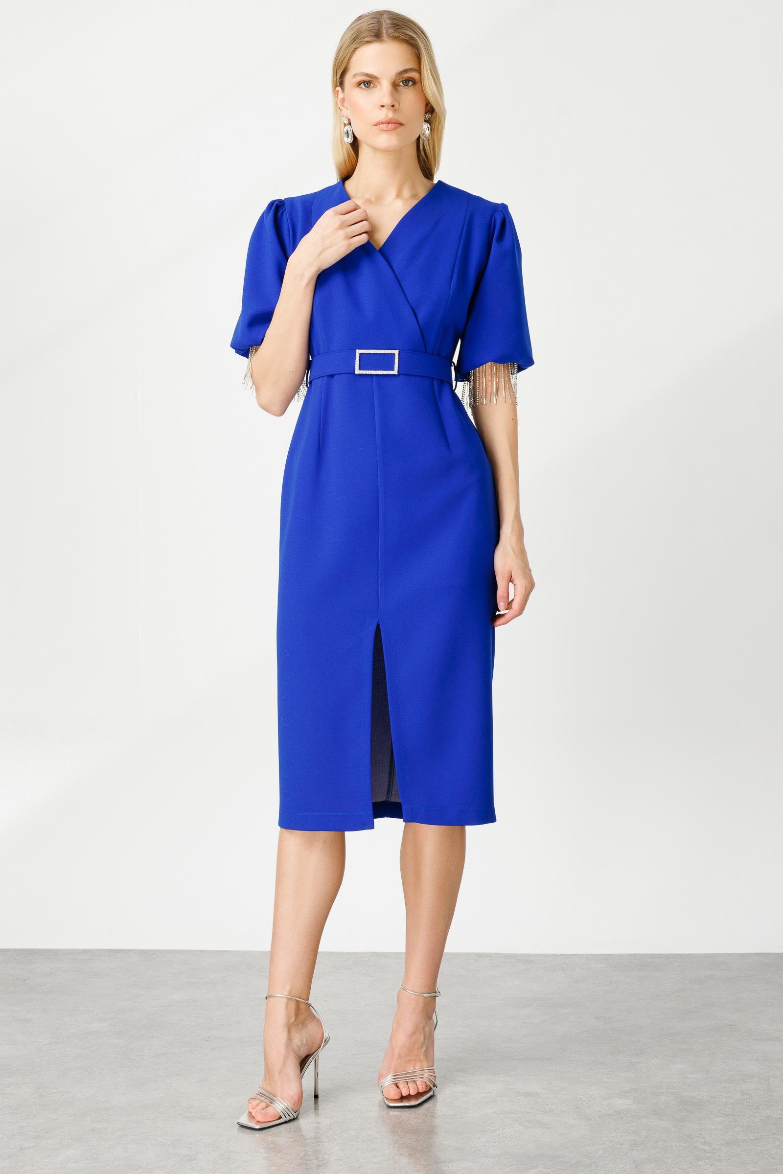 Modailgi  Şerit Taşlı Balon Kol Elbise Saks