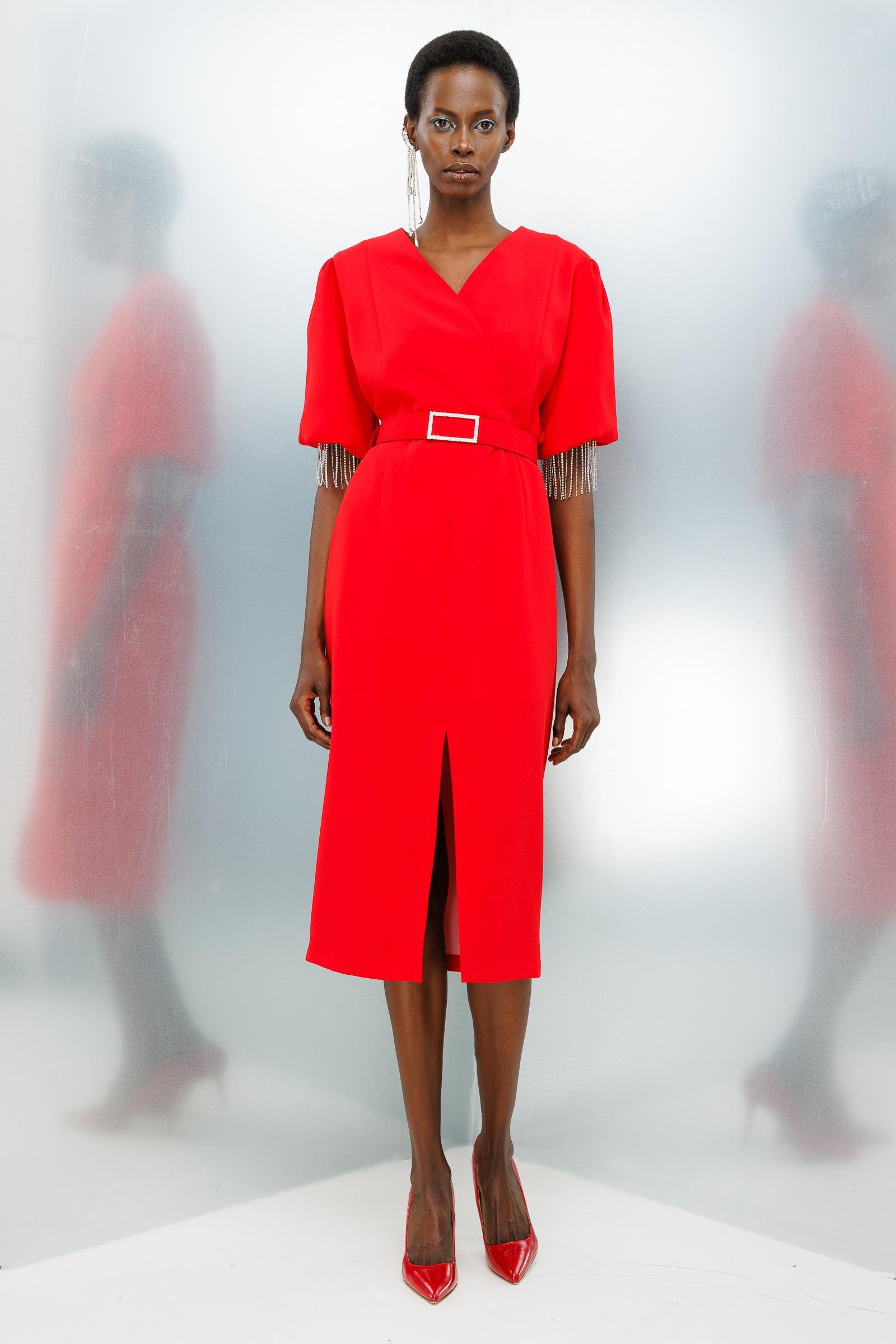 Modailgi  Şerit Taşlı Balon Kol Elbise Kırmızı