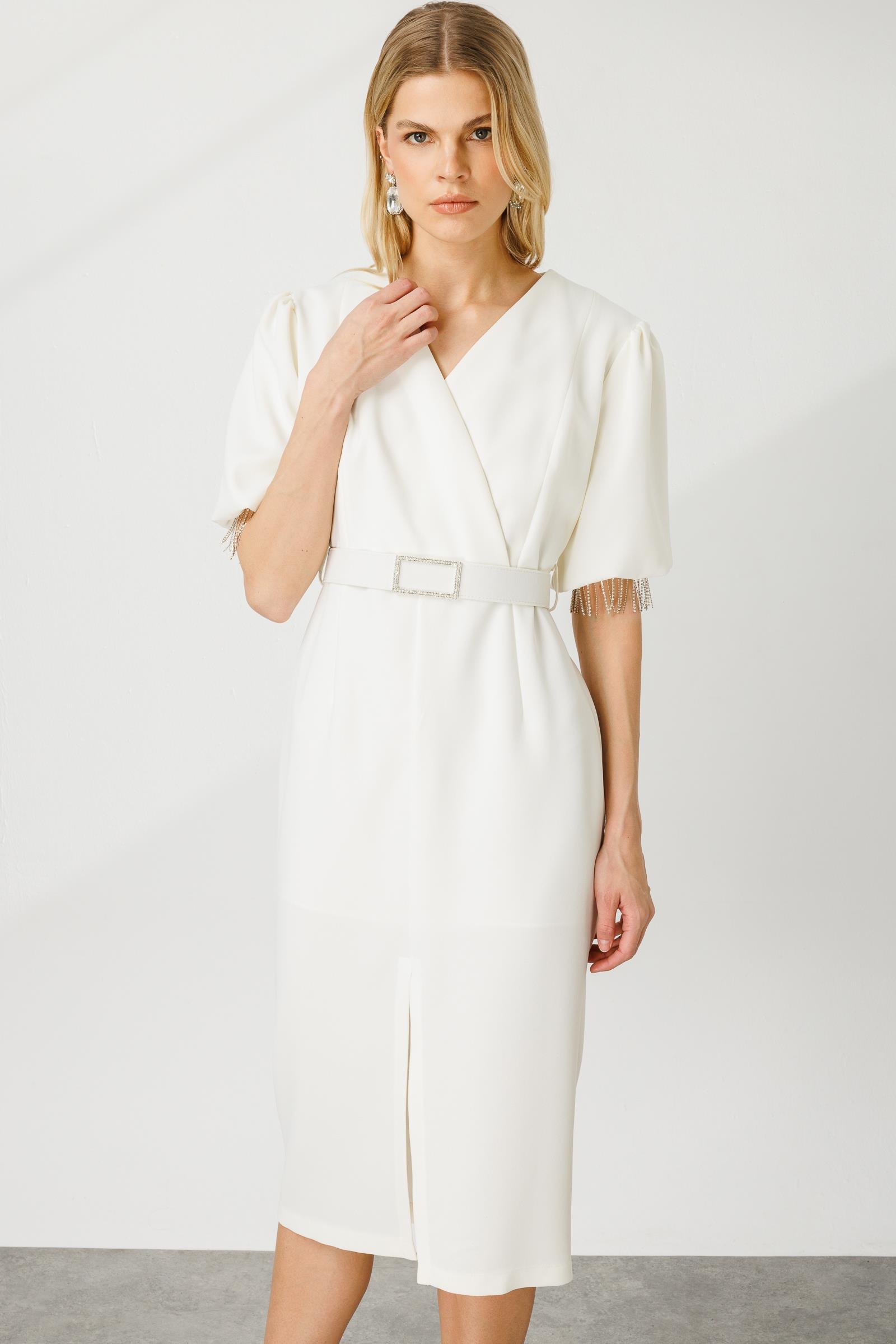 Modailgi  Şerit Taşlı Balon Kol Elbise Ekru