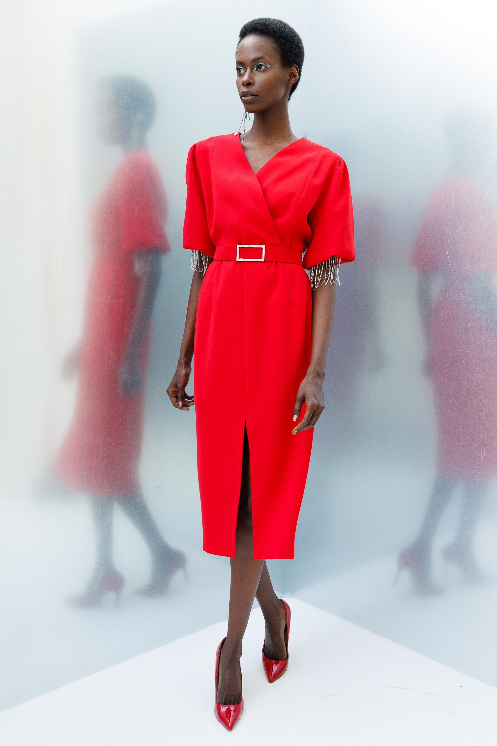 Modailgi  Şerit Taşlı Balon Kol Elbise Kırmızı