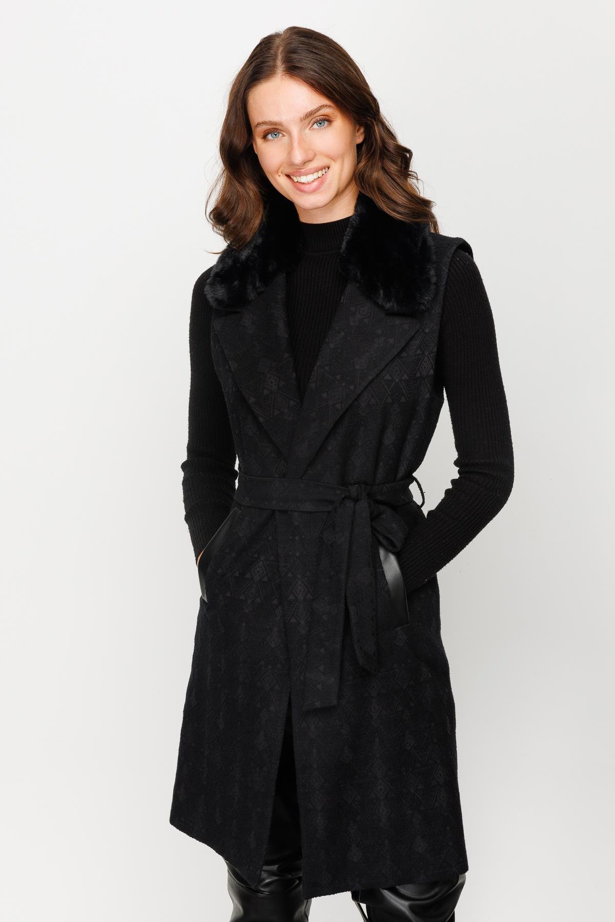 Modailgi  Seyyar Kürklü Jakarlı Yelek Siyah