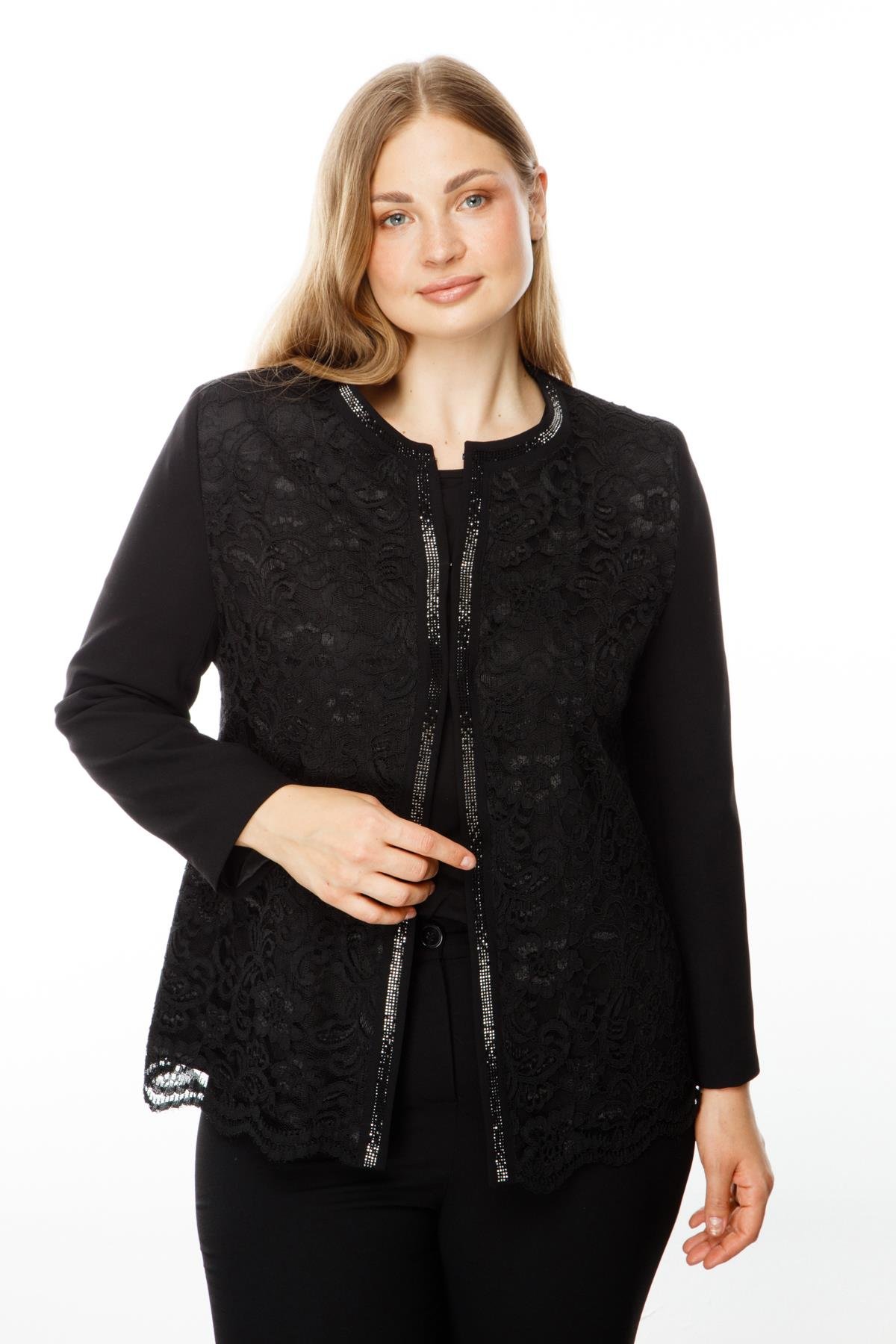 Modailgi  Sıfır Yaka Dantelli Ön Patı Taşlı Kısa Ceket Siyah