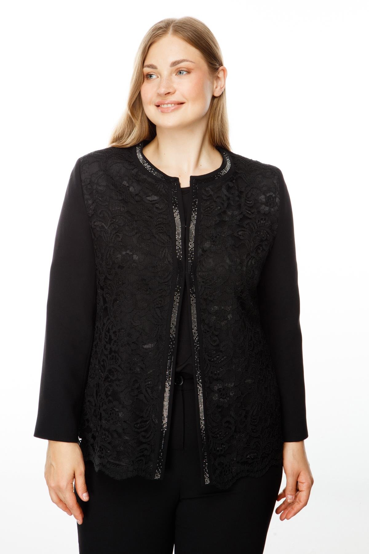 Modailgi  Sıfır Yaka Dantelli Ön Patı Taşlı Kısa Ceket Siyah