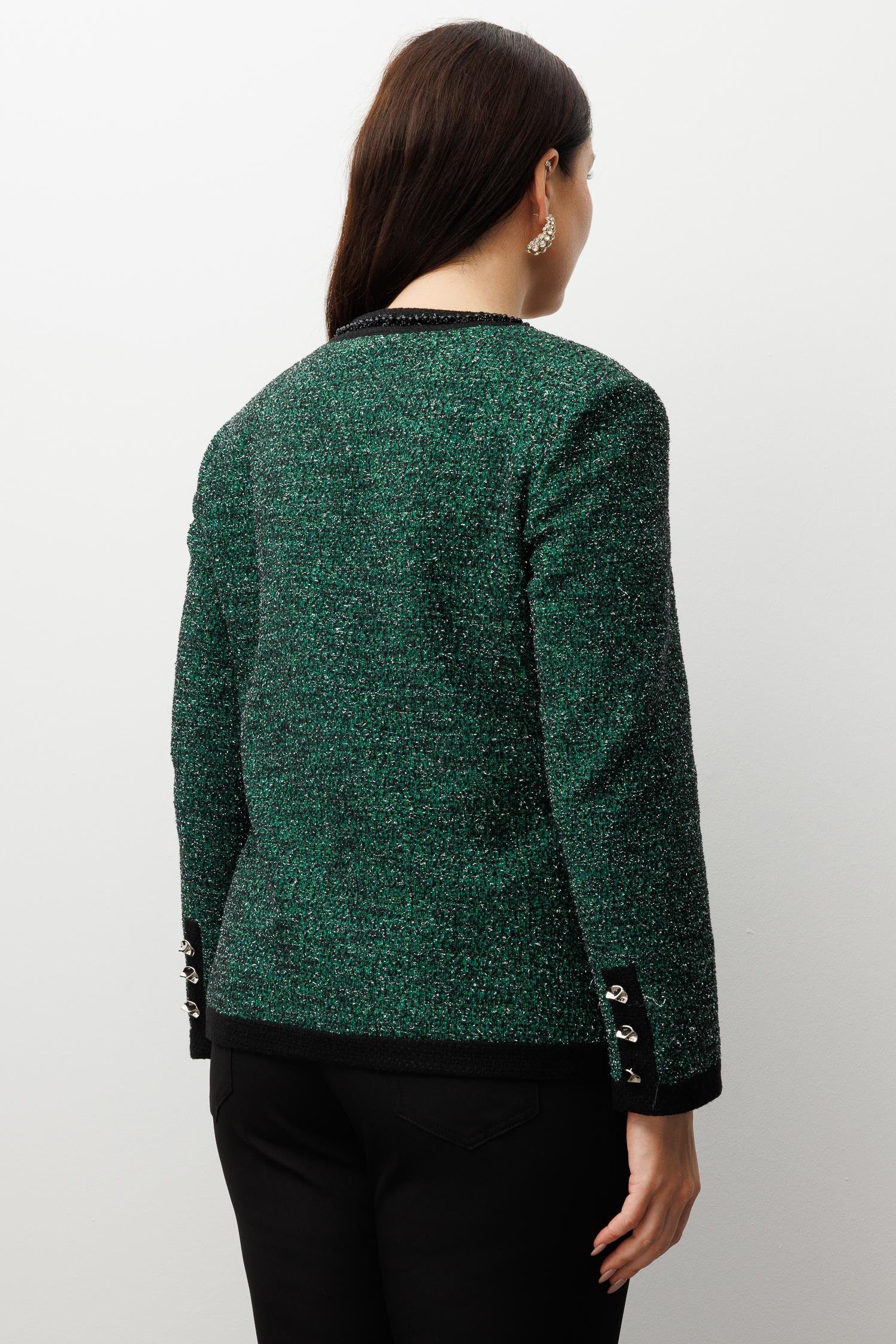 Modailgi  Sıfır Yaka İnci Akseuar Detaylı Twit Ceket SİYAH-YEŞİL