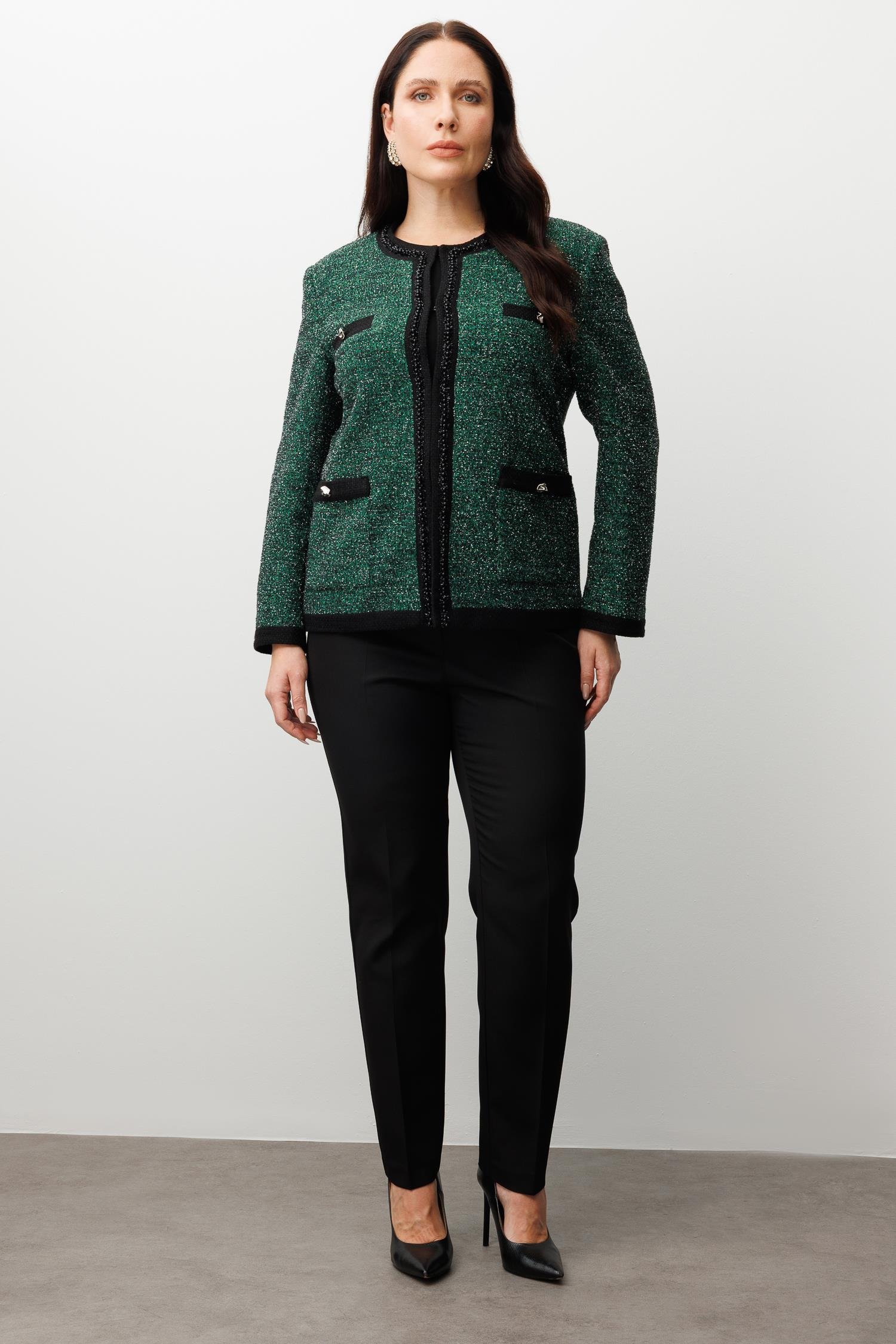 Modailgi  Sıfır Yaka İnci Akseuar Detaylı Twit Ceket SİYAH-YEŞİL