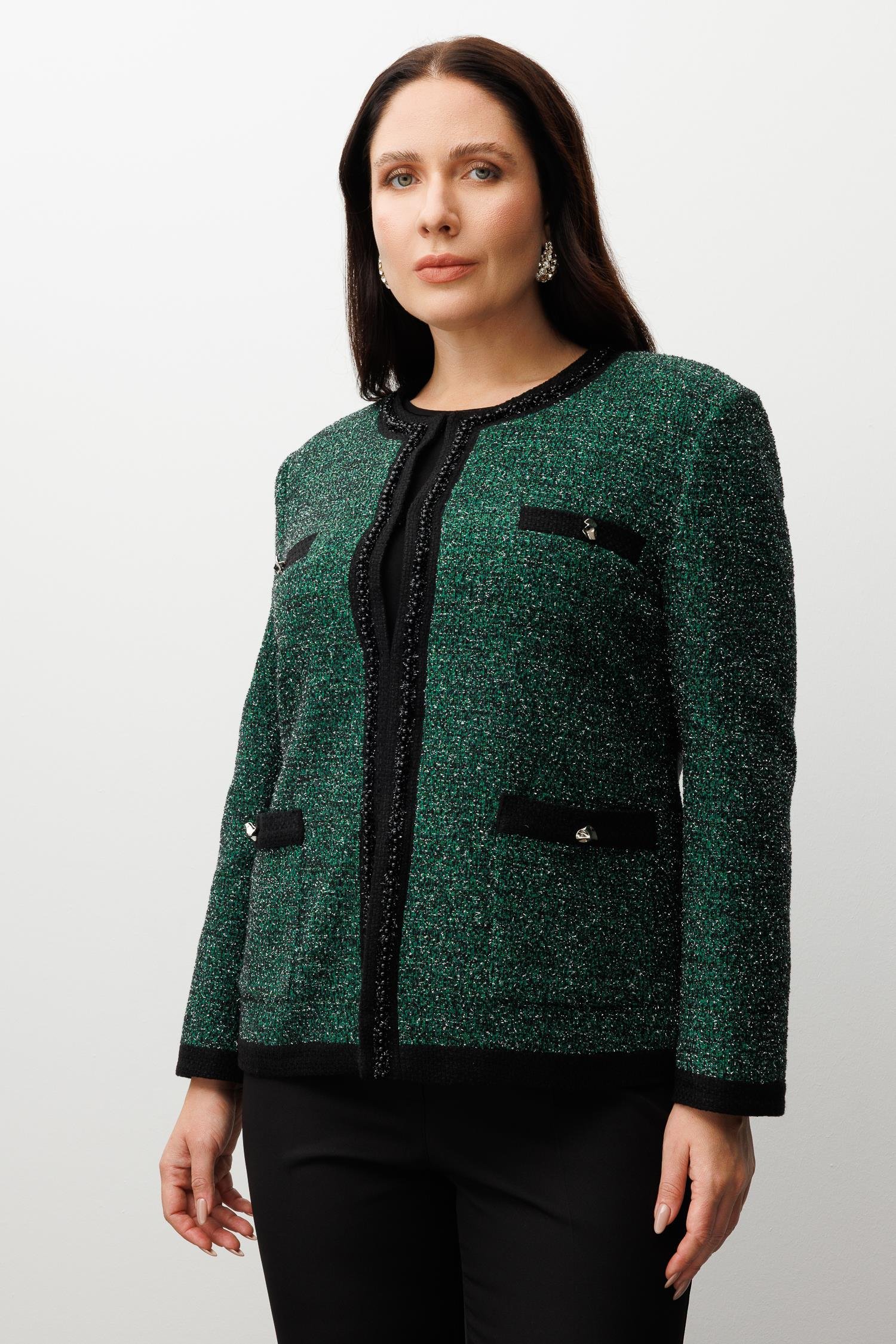 Modailgi  Sıfır Yaka İnci Akseuar Detaylı Twit Ceket SİYAH-YEŞİL